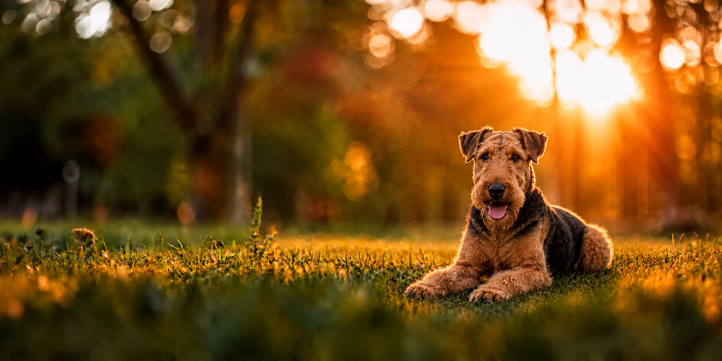 An Airedale Terrier with a black saddle and tan legs lying in park grass at sunset