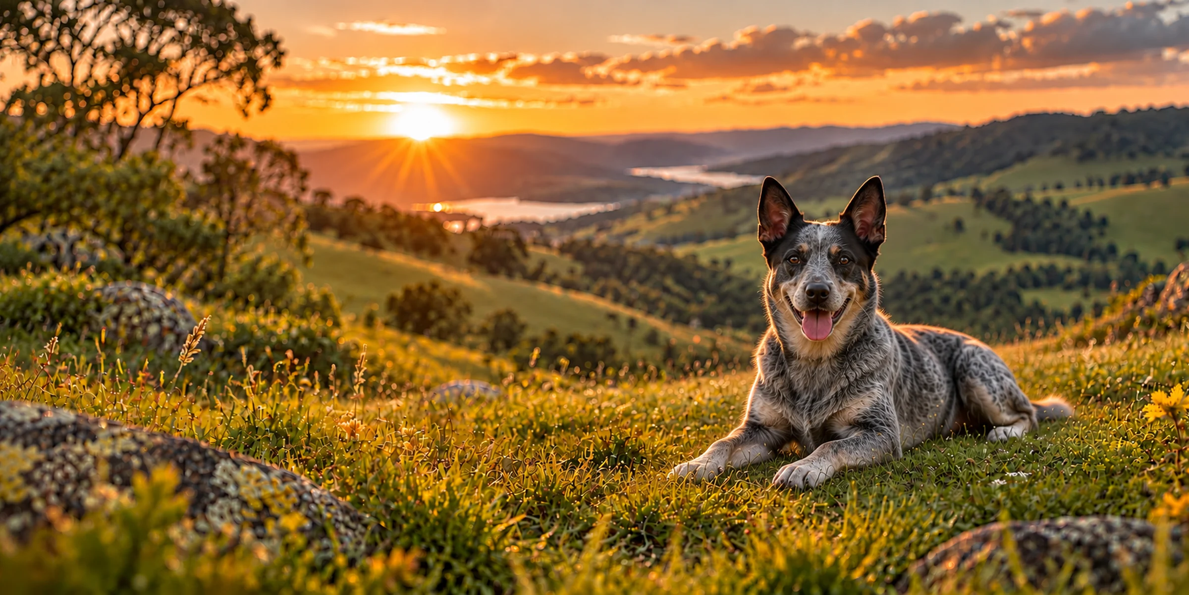 A blue speckled Australian Stumpy Tail Cattle Dog lying on a hillside above green valleys at sunset