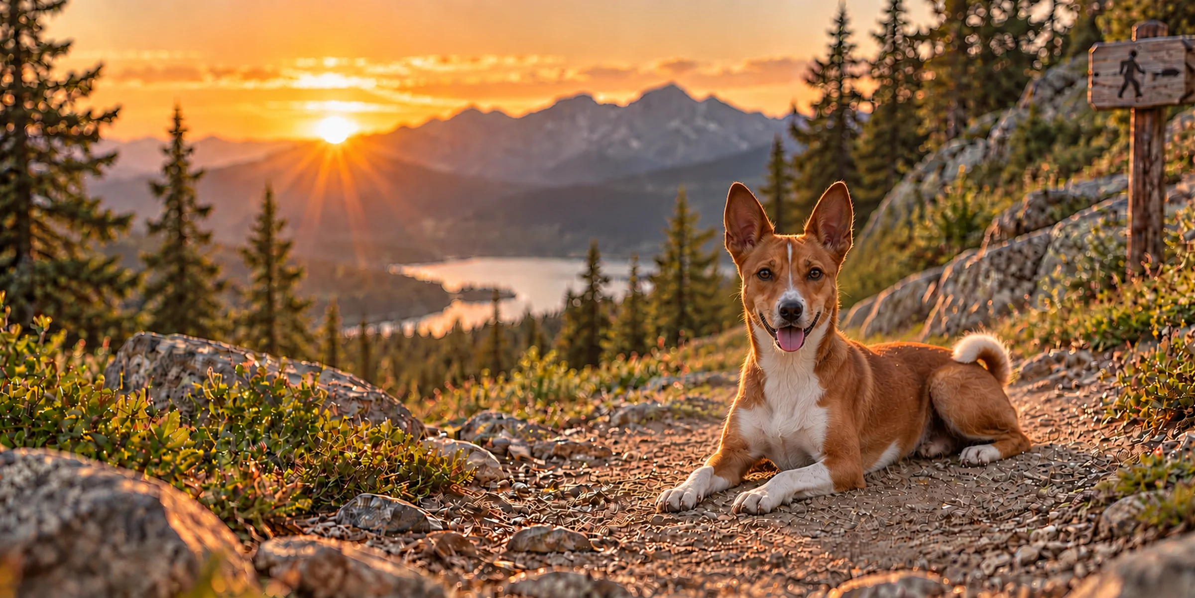 A red and white Basenji with pricked ears lying on a mountain trail at sunset