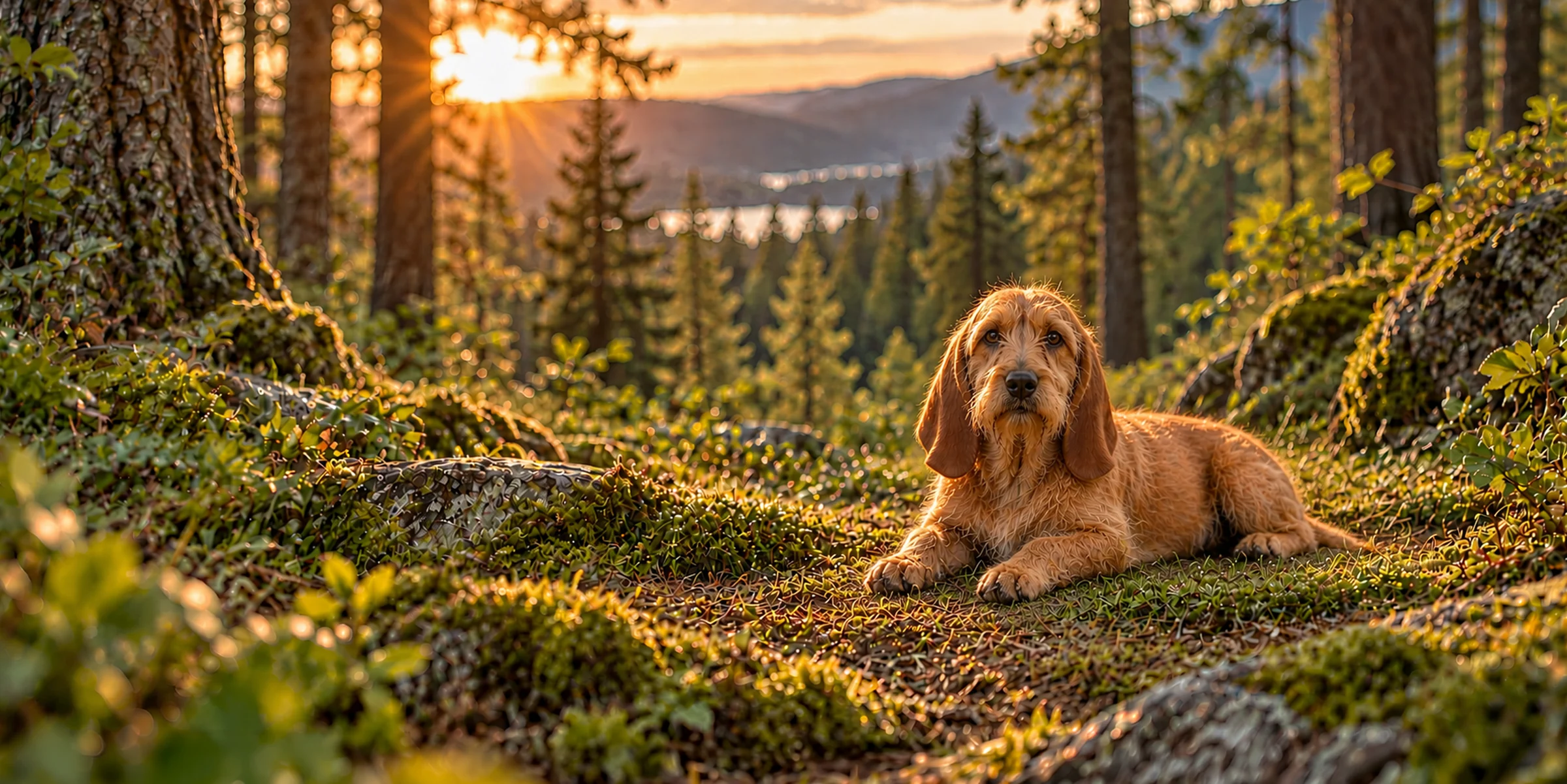 A fawn Basset Fauve de Bretagne with a rough wiry coat lying on forest moss at sunset