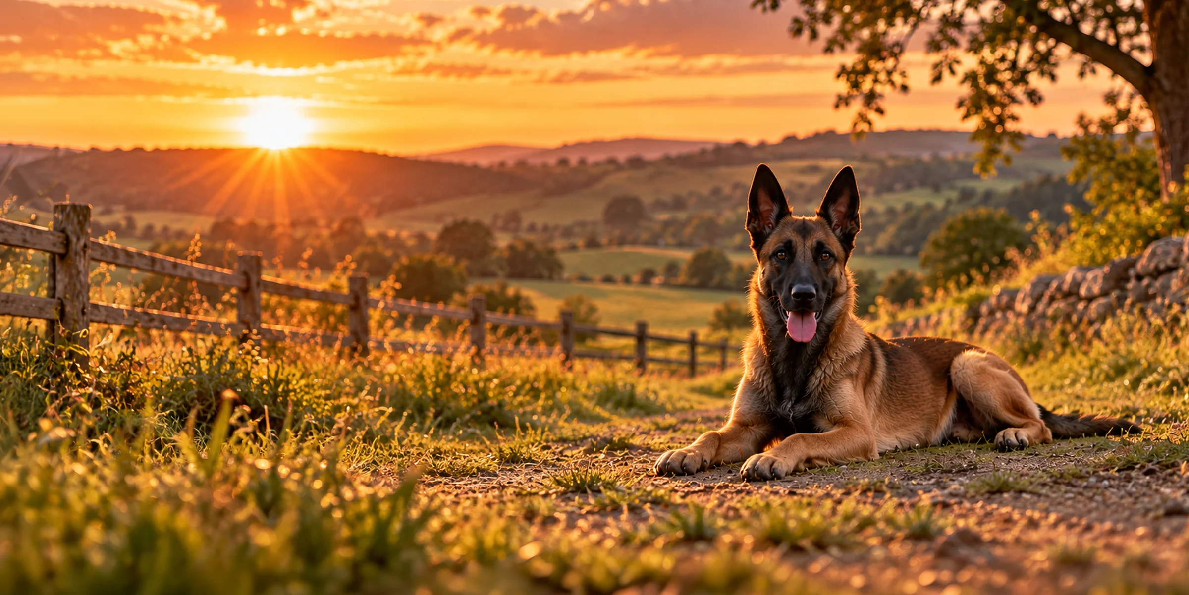 A fawn Belgian Malinois with a black mask lying on a farm track beside a split-rail fence at sunset