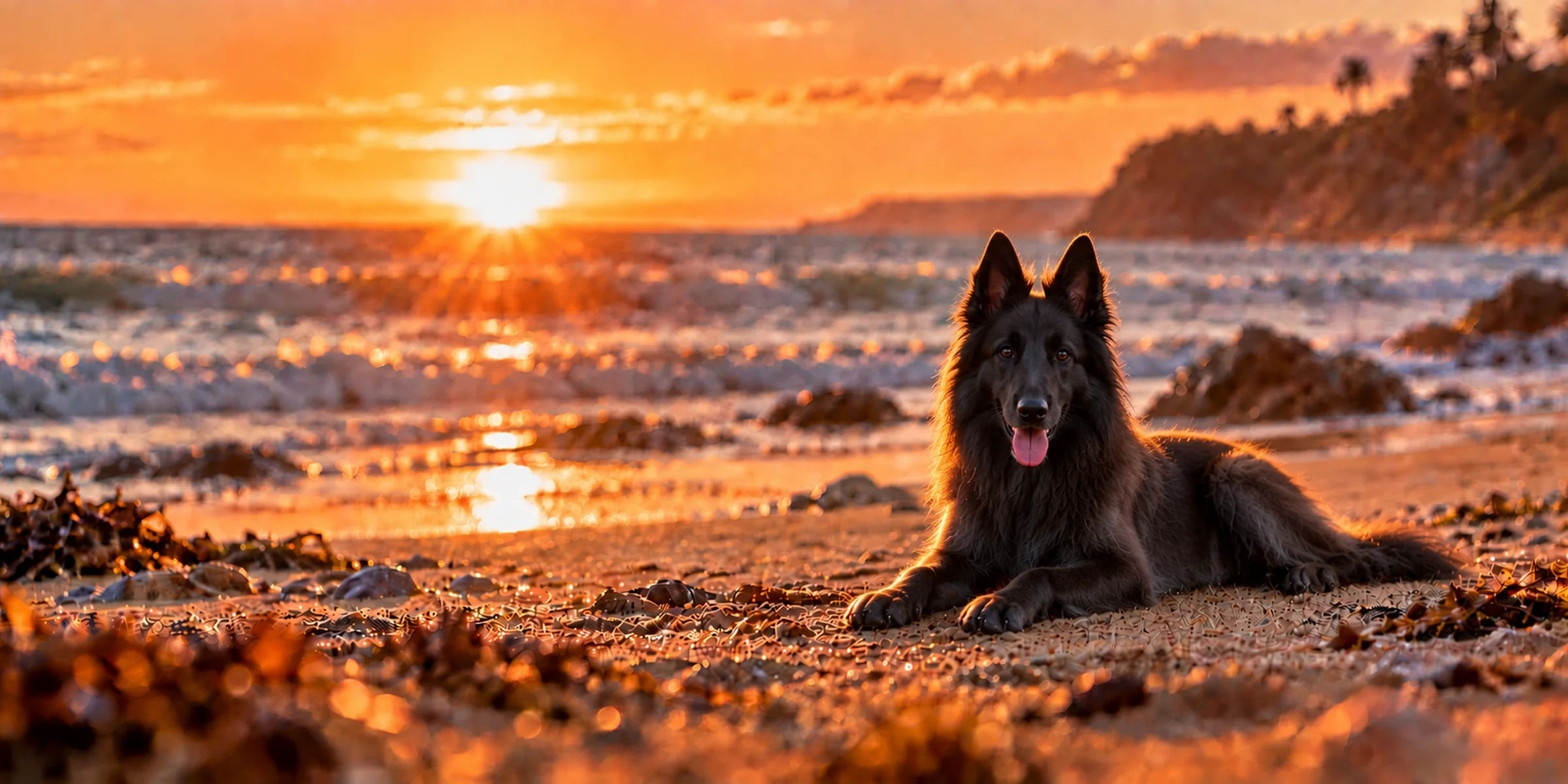 A black Belgian Sheepdog lying on a beach at sunset