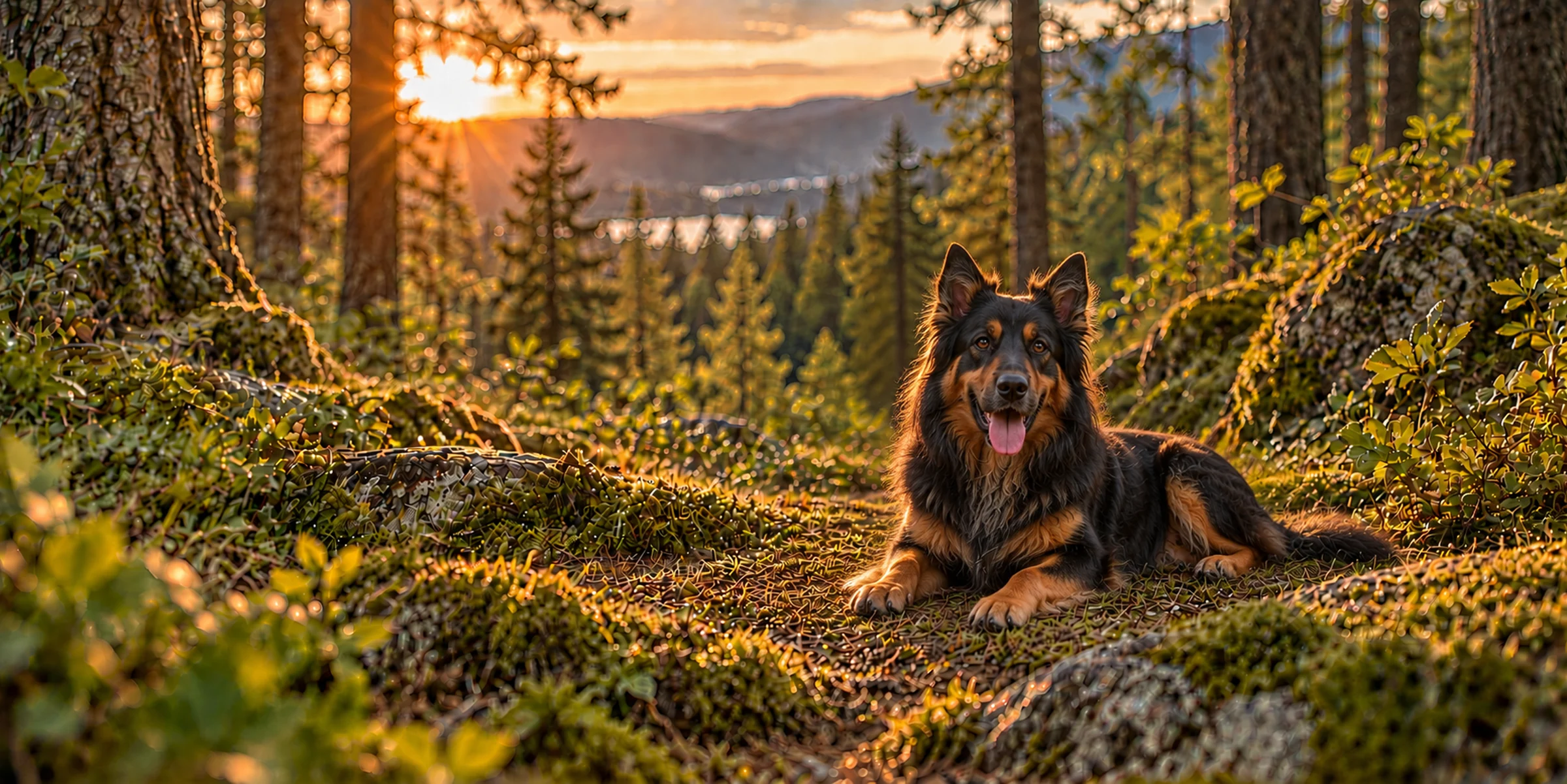 A black and tan Bohemian Shepherd lying on forest moss at sunset