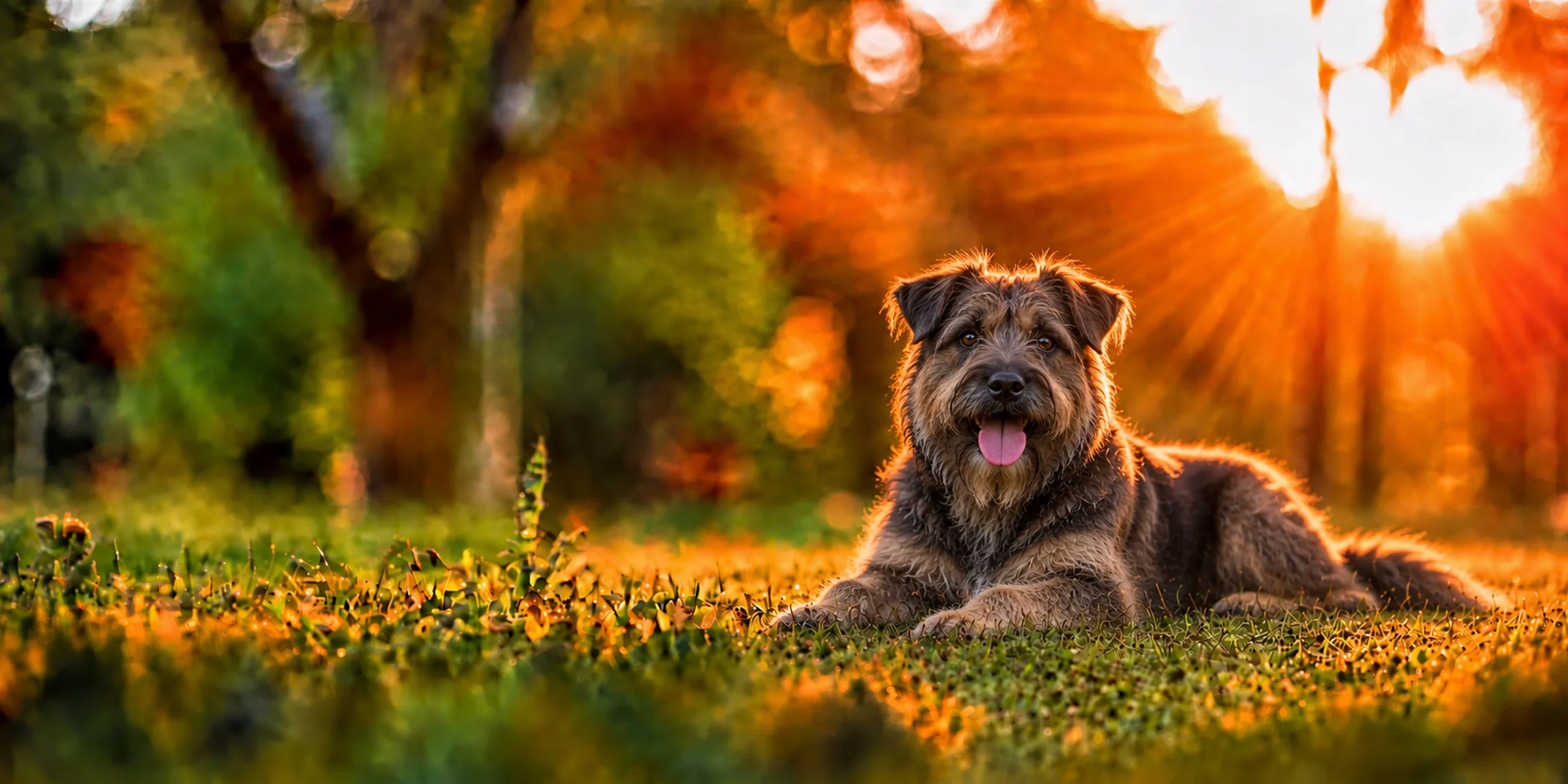 A brindle Bouvier des Ardennes with a rough coat lying in park grass, backlit by a low sun
