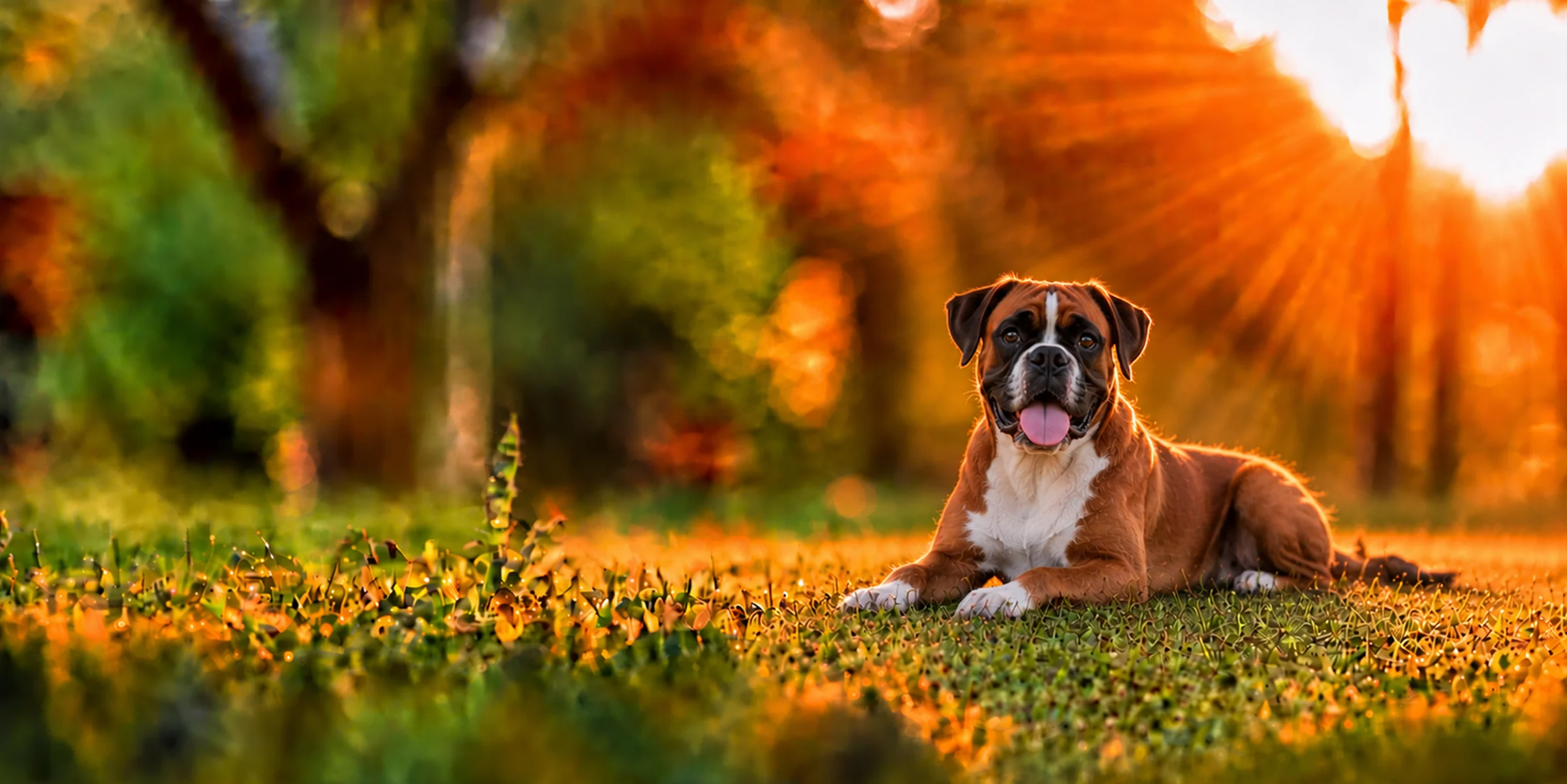 A fawn Boxer with a white chest lying in park grass, backlit by a low sun