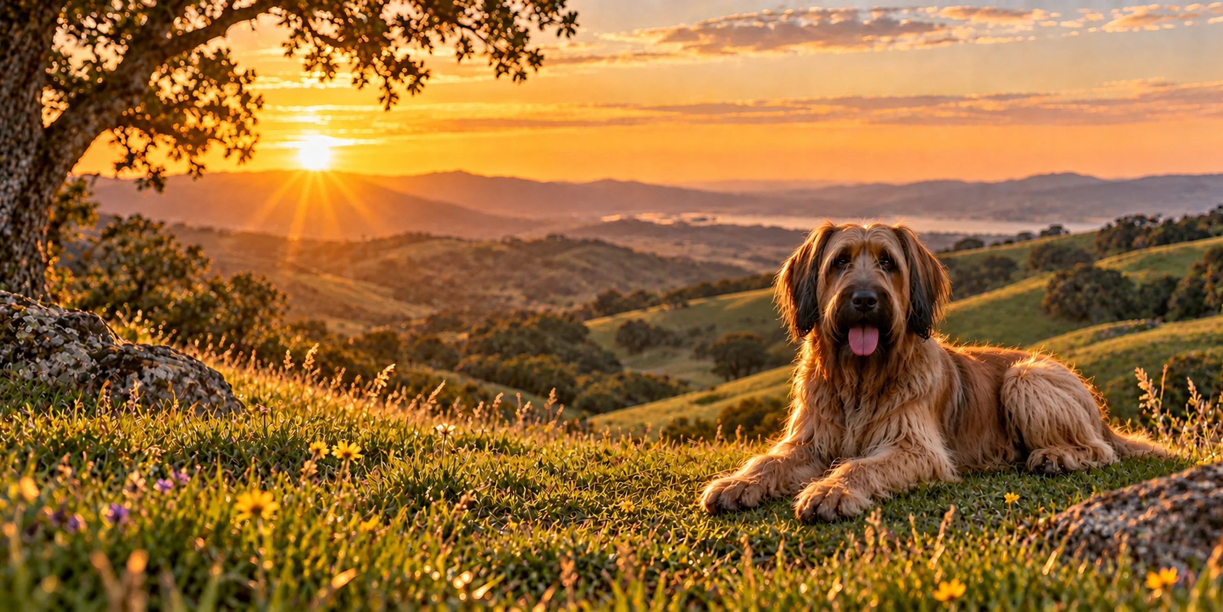 A fawn Briard with a long shaggy coat lying on a green hillside at sunset