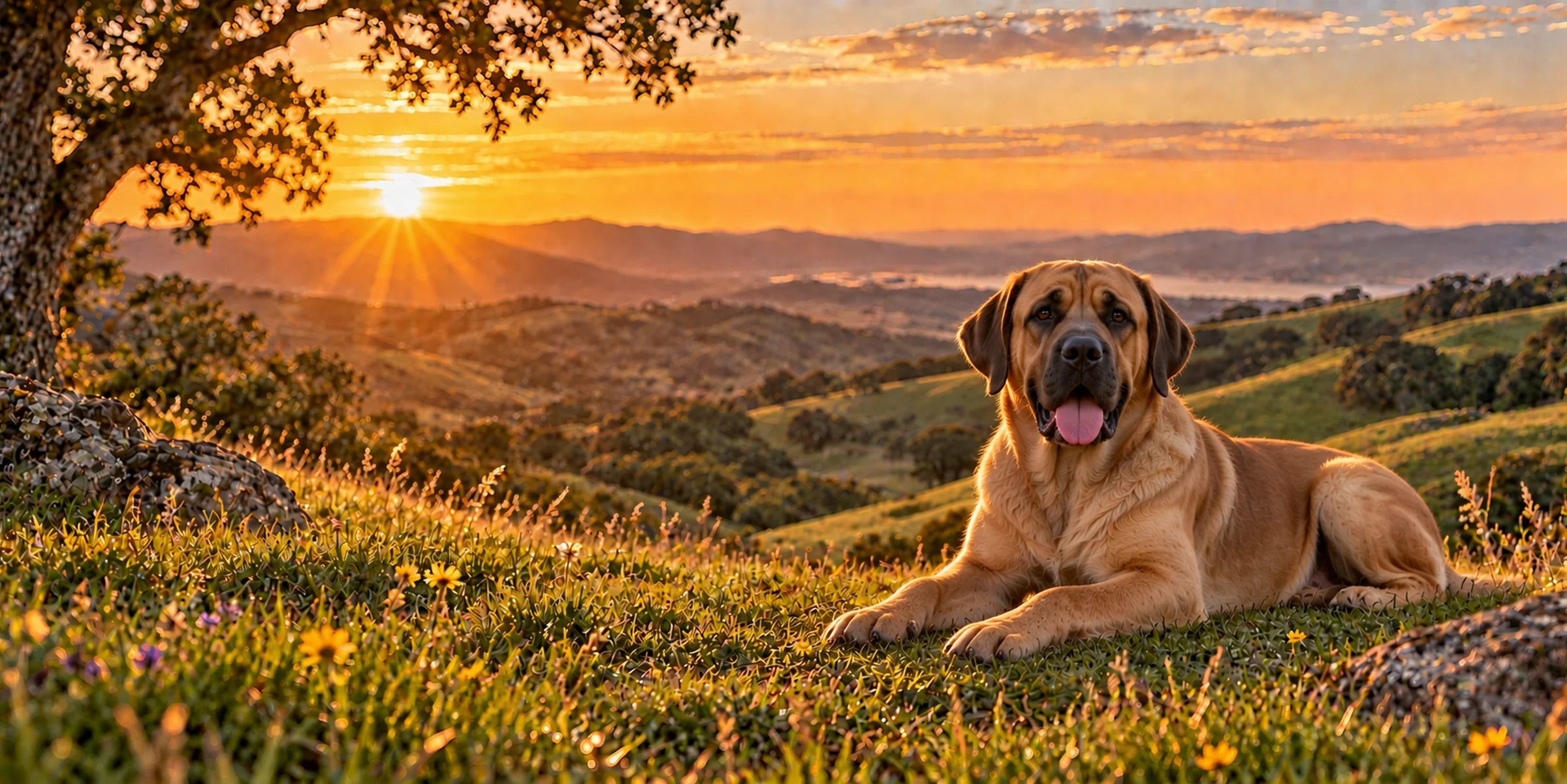 A fawn Broholmer lying on a hillside above rolling country at sunset