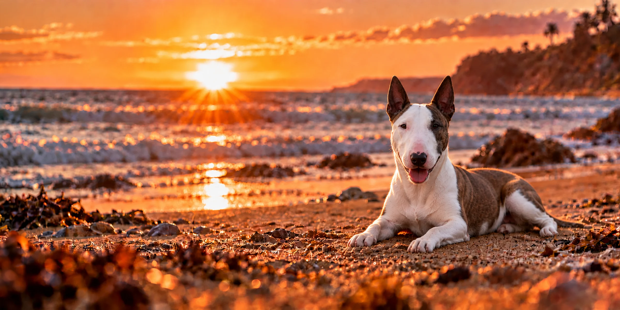A white Bull Terrier with a brindle patch lying on a beach at sunset