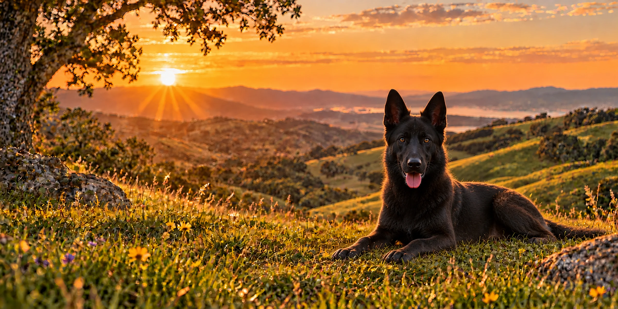A black Calupoh lying on a green hillside above rolling country at sunset