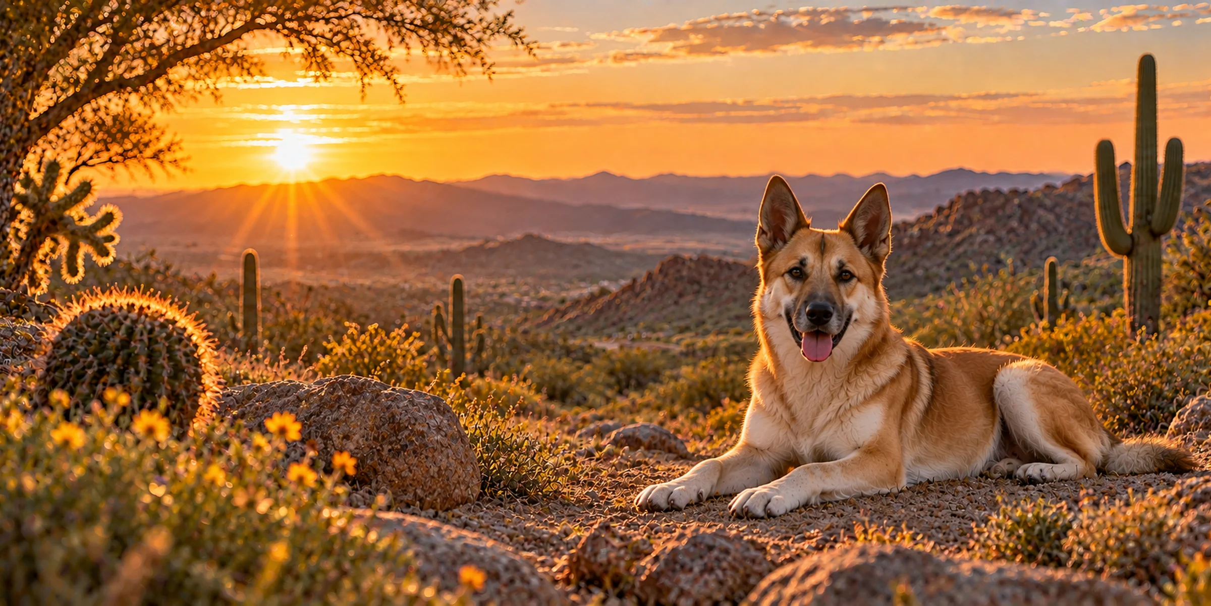 A cream and white Canaan Dog lying in desert scrub among saguaro cactus at sunset