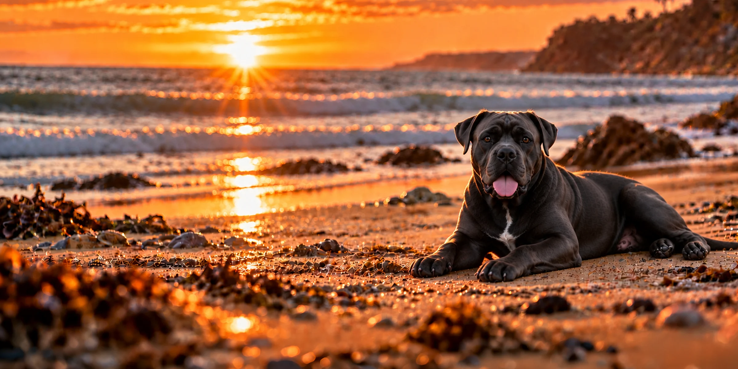 A gray Cane Corso with a white chest patch lying on a beach at sunset