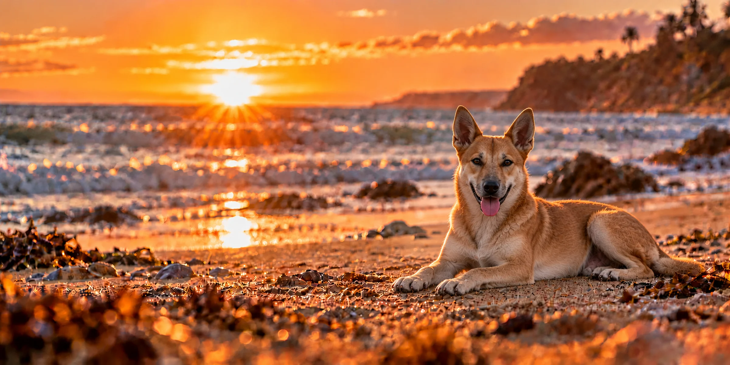 A ginger Carolina Dog with pricked ears lying on a beach at sunset
