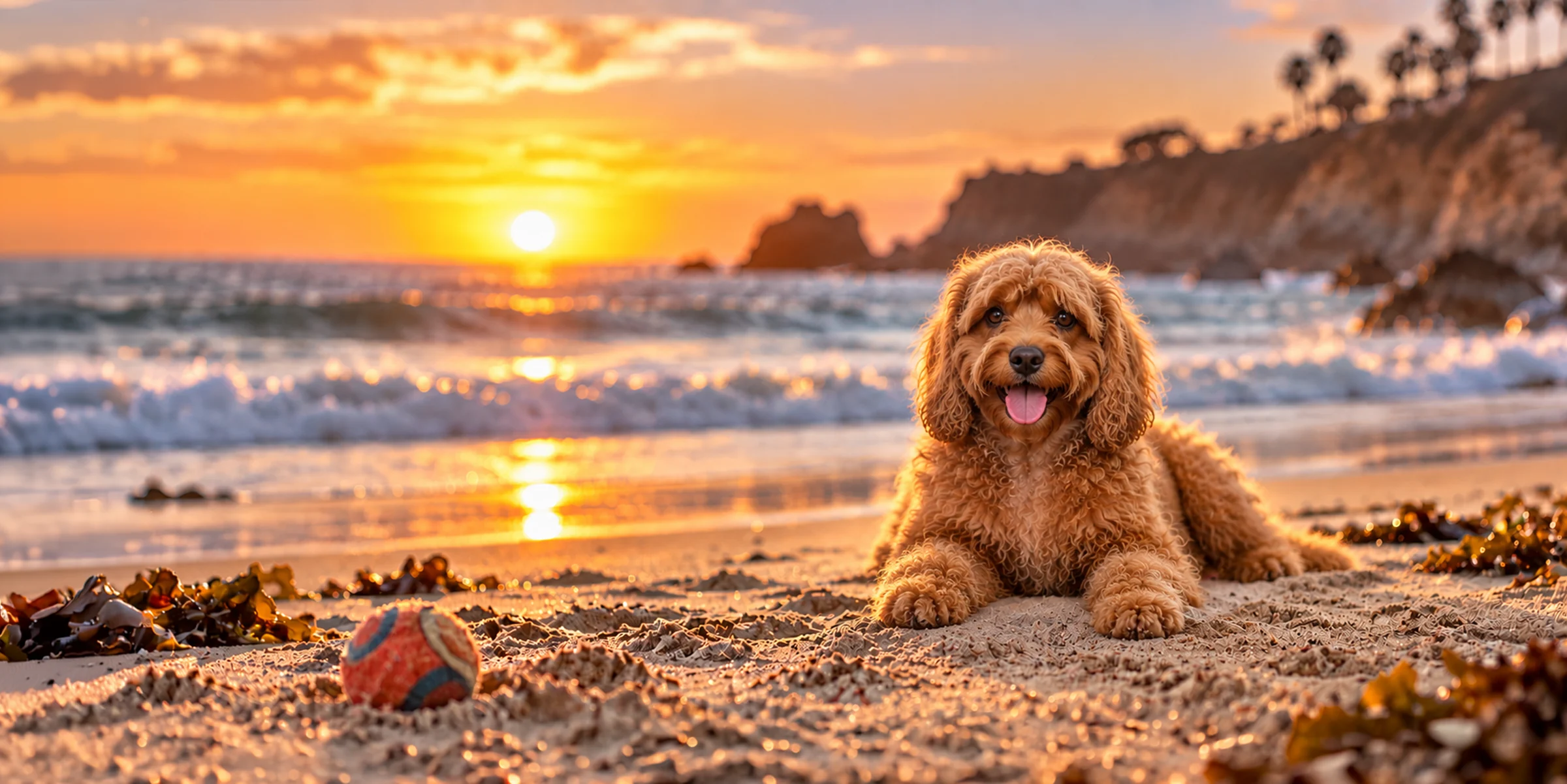 A red Cavapoo with a curly coat lying on a beach at sunset