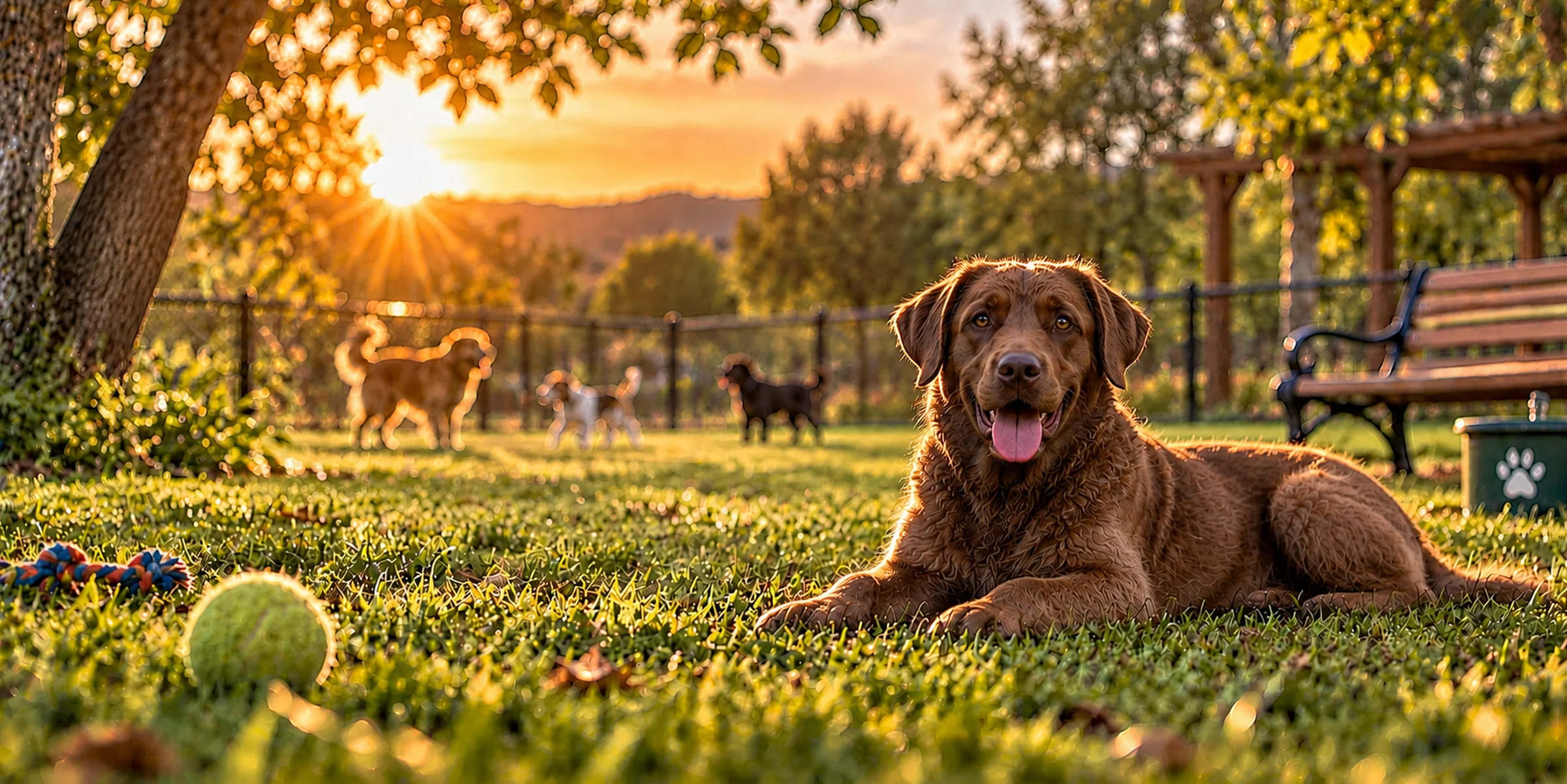 A brown Chesapeake Bay Retriever lying on the grass at a dog park at sunset