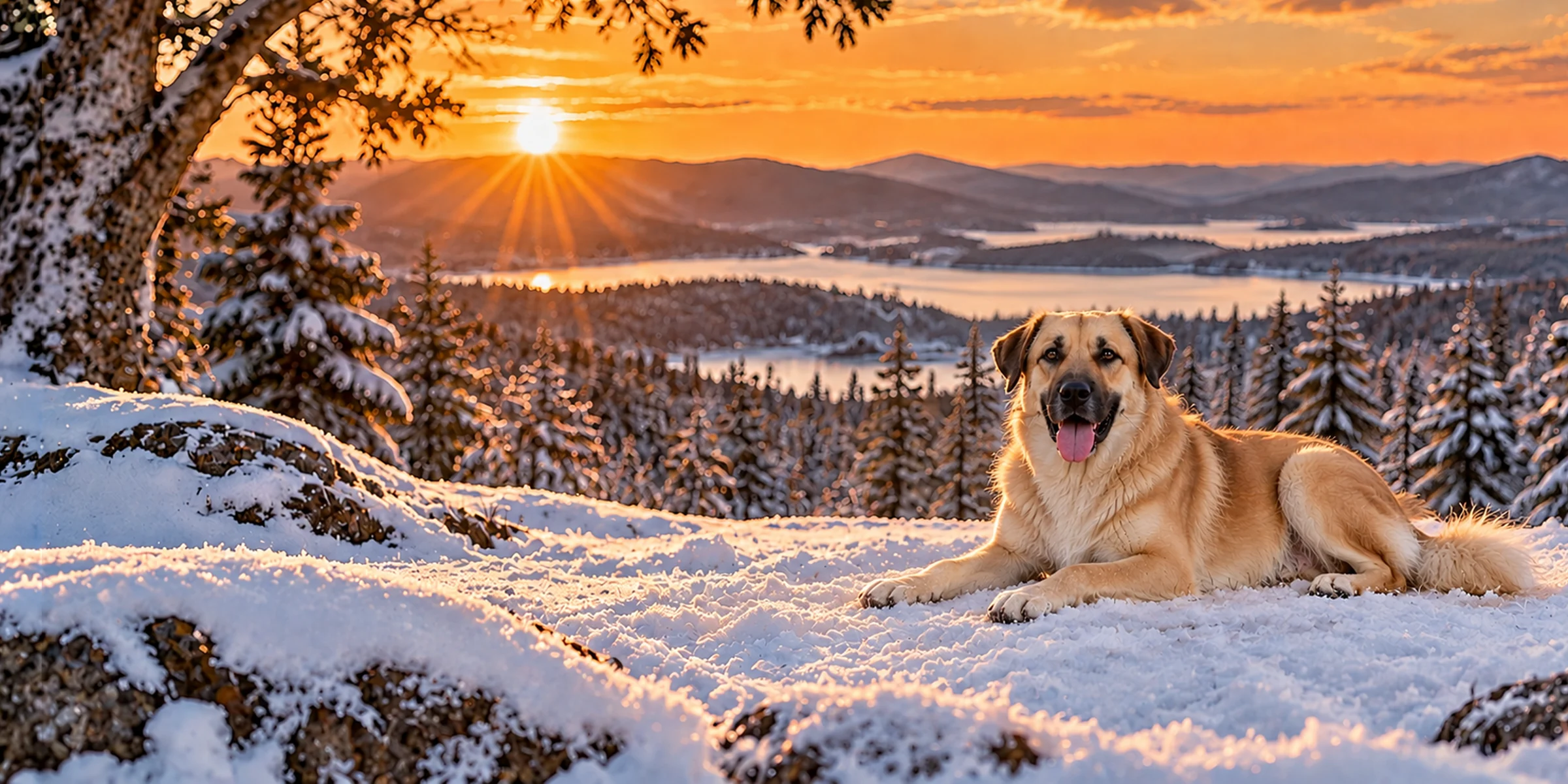 A tawny Chinook with a dark mask lying in snow above a valley at sunset
