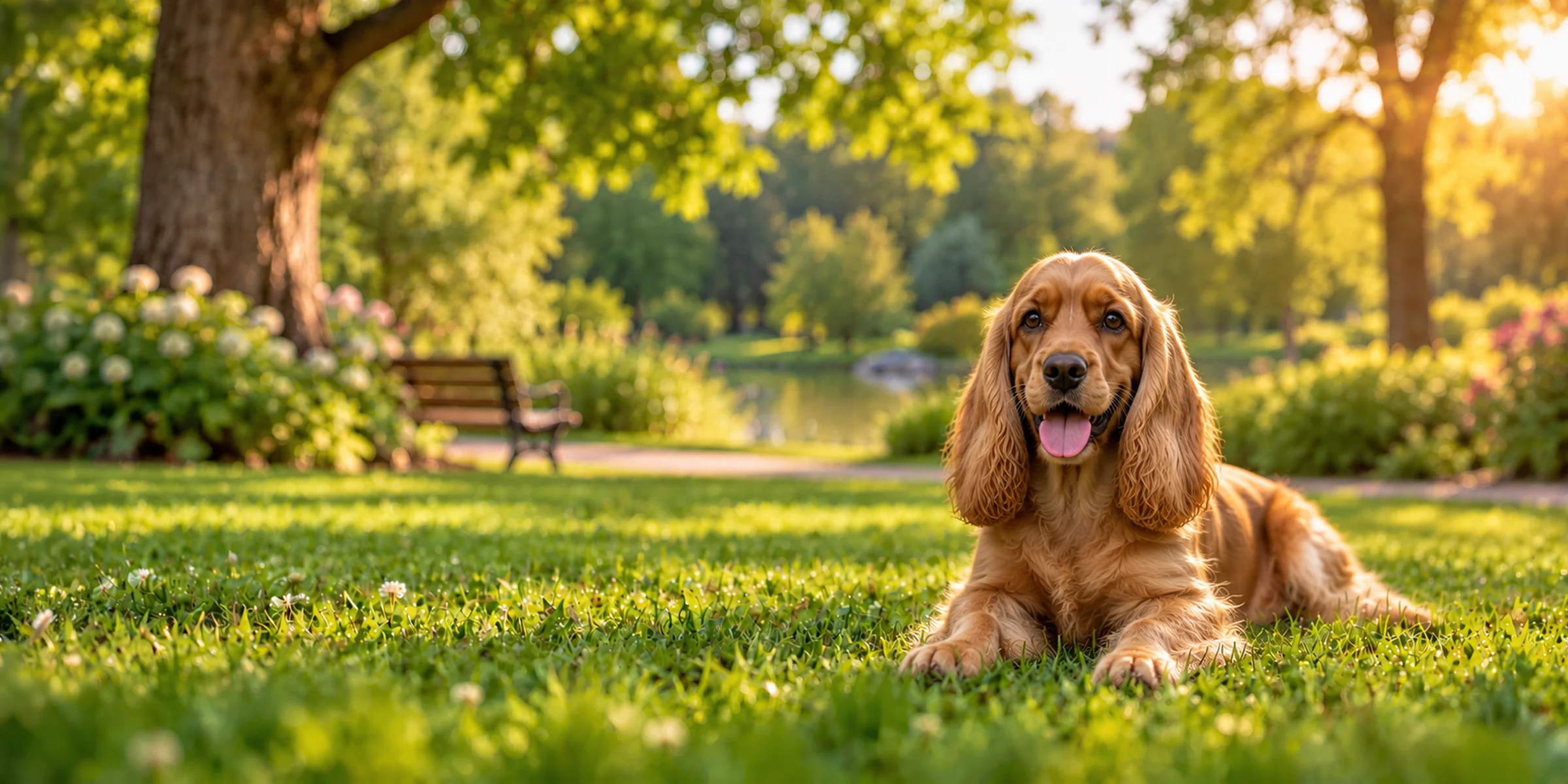 A golden Cocker Spaniel lying on a park lawn beside a pond at sunset