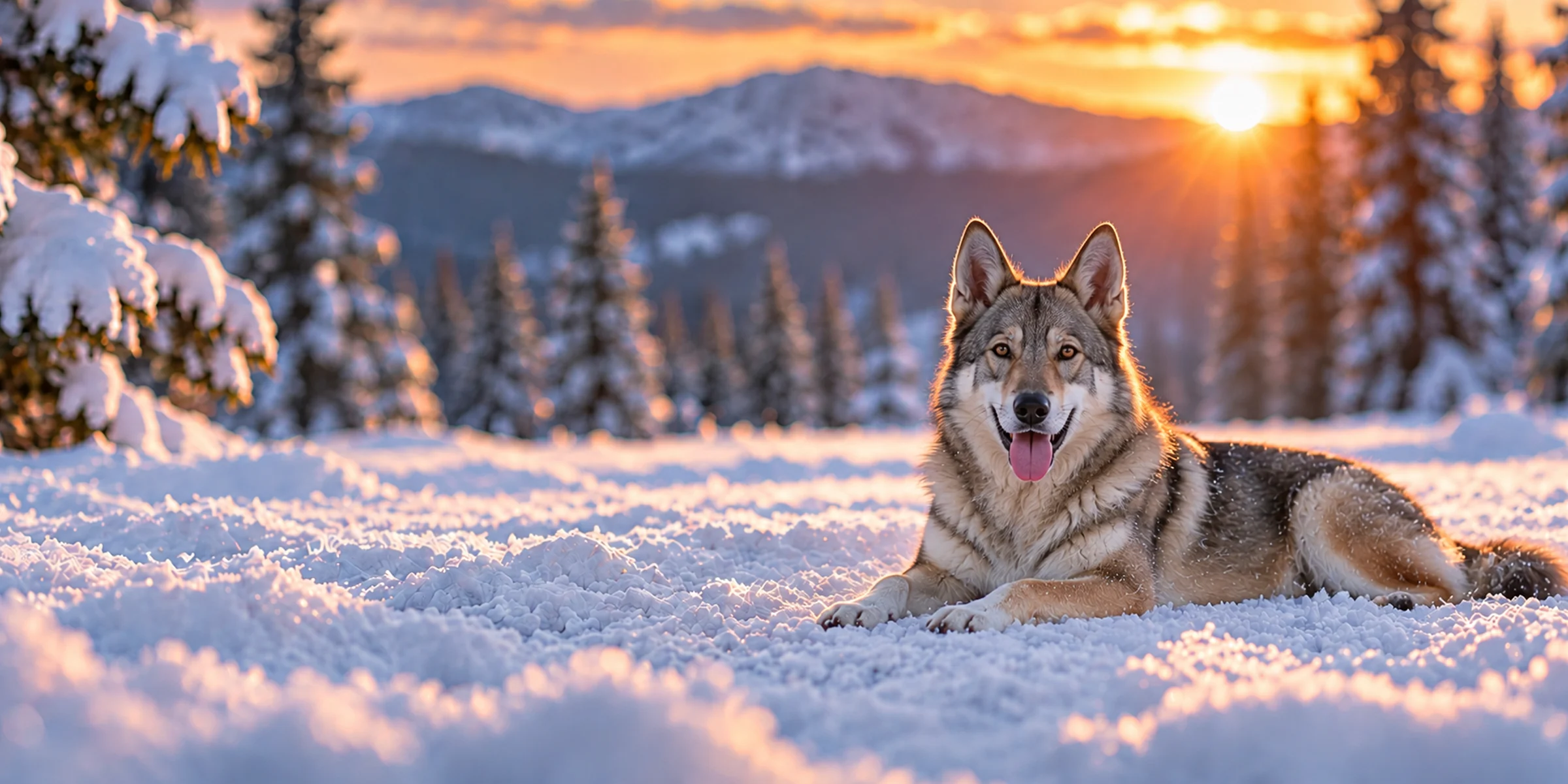 A wolf-gray Czechoslovakian Vlciak lying in snow among frosted evergreens at sunset