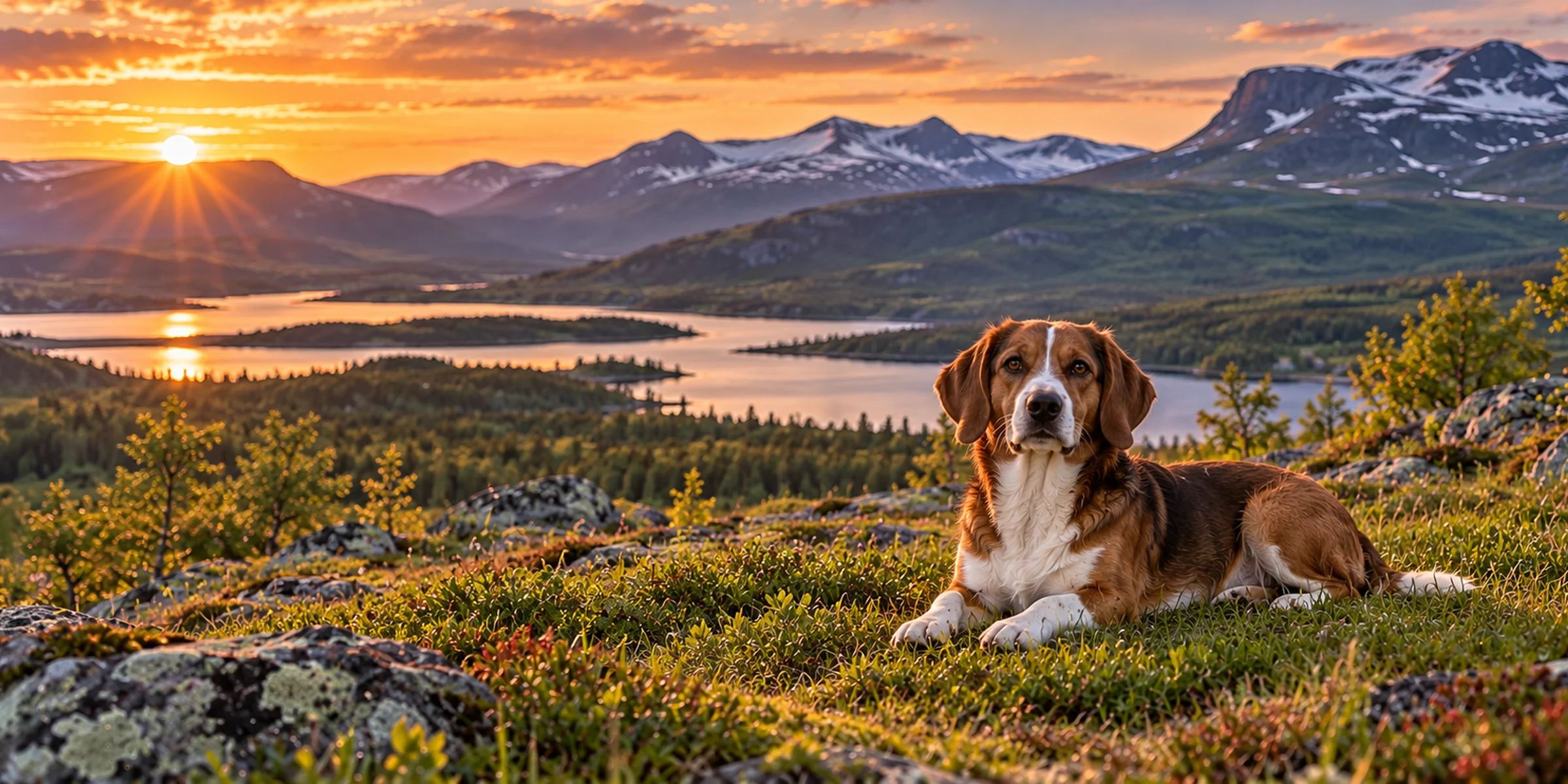 A tricolor Drever lying on a ridge above a lake with mountains behind at sunset