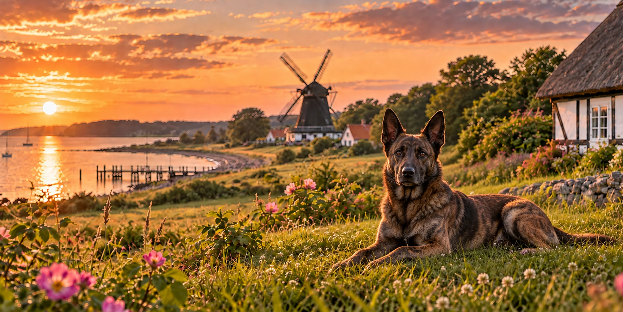 A brindle Dutch Shepherd lying on a grassy bank above a harbor with a windmill