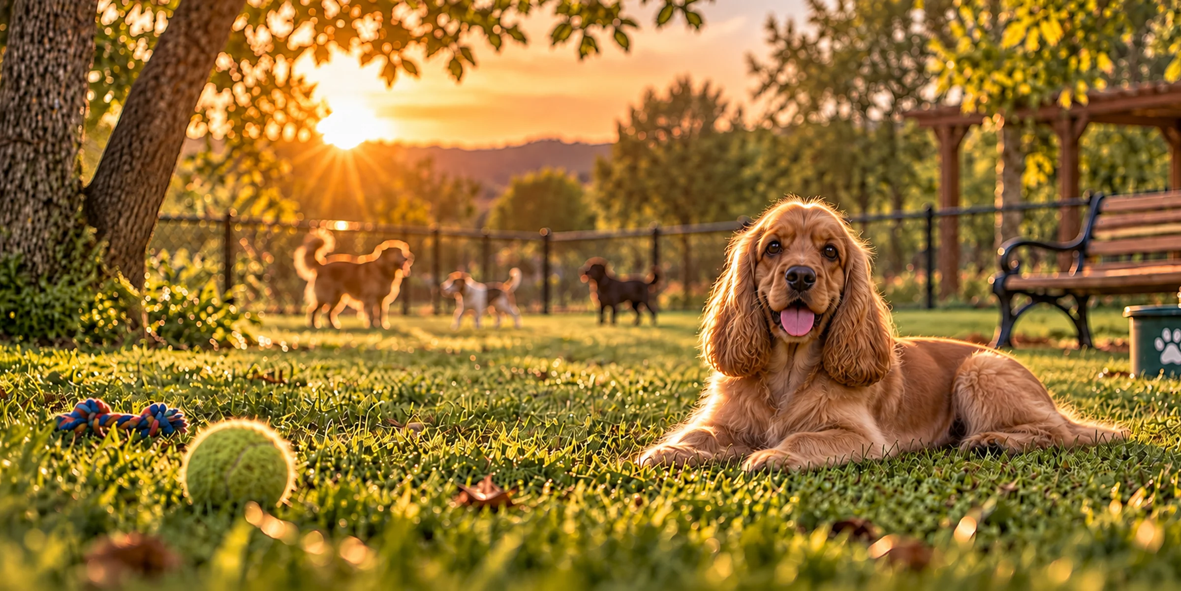 A golden English Cocker Spaniel lying on the grass at a dog park at sunset
