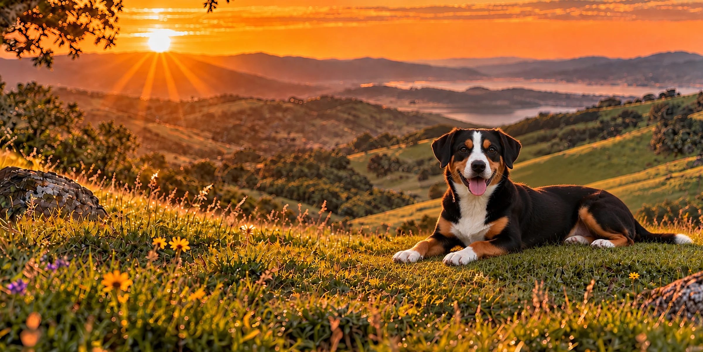 A tricolor Entlebucher Mountain Dog lying on a grassy hillside above rolling country at sunset