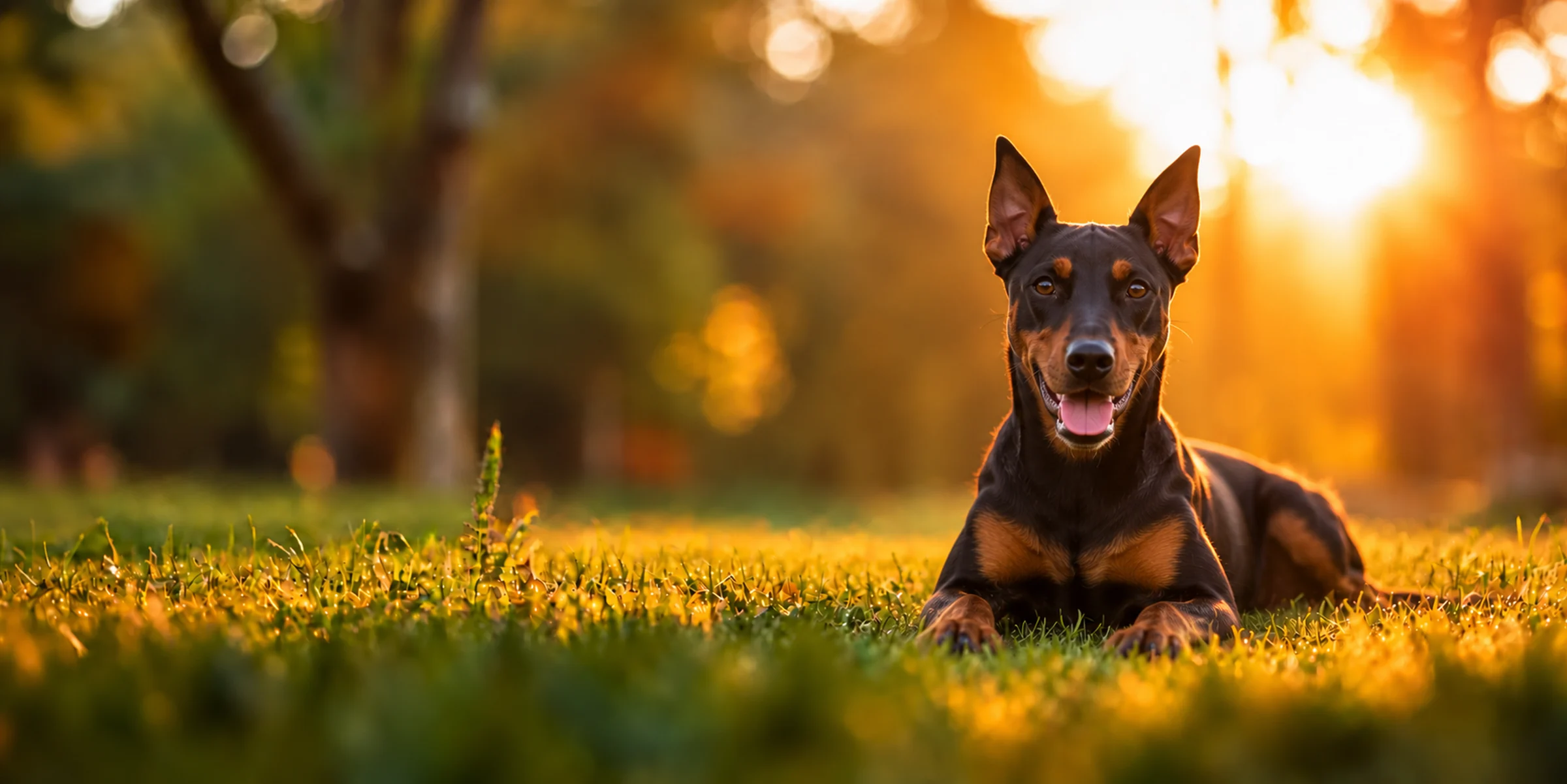 A black and rust German Pinscher lying in park grass, backlit by a low sun