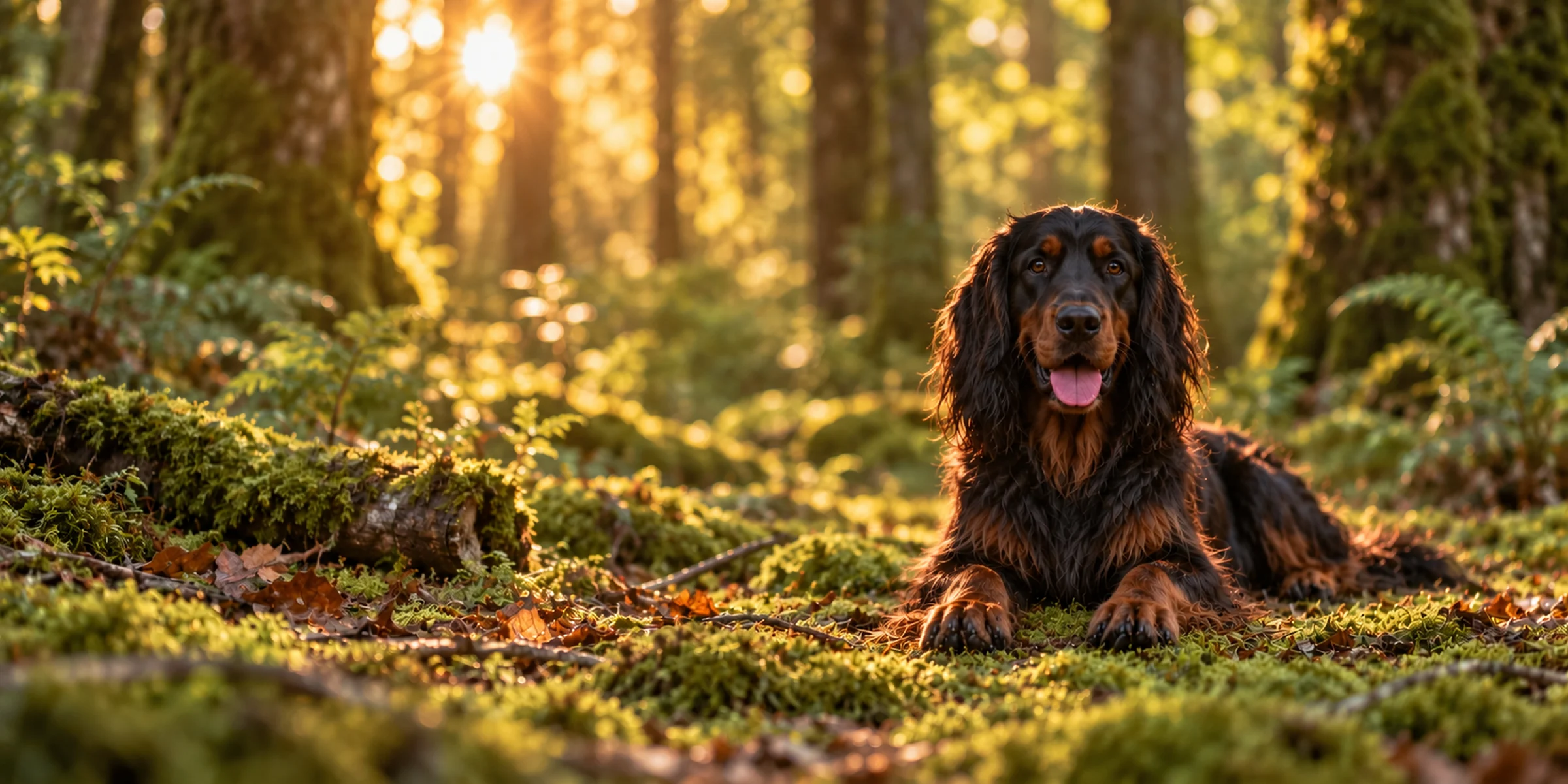 A black and tan Gordon Setter lying on forest moss at sunset
