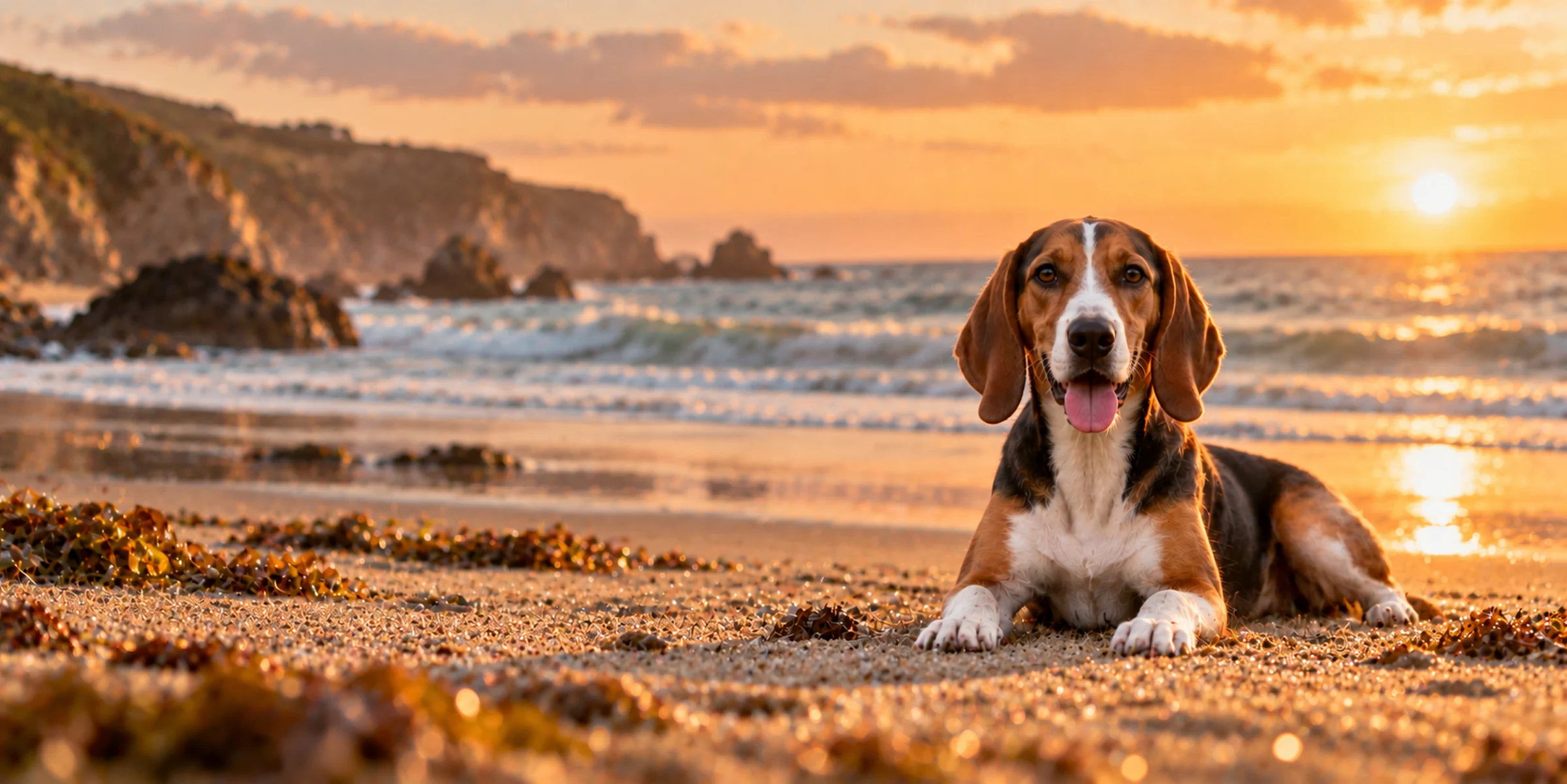 A tricolor Harrier lying on a beach at sunset