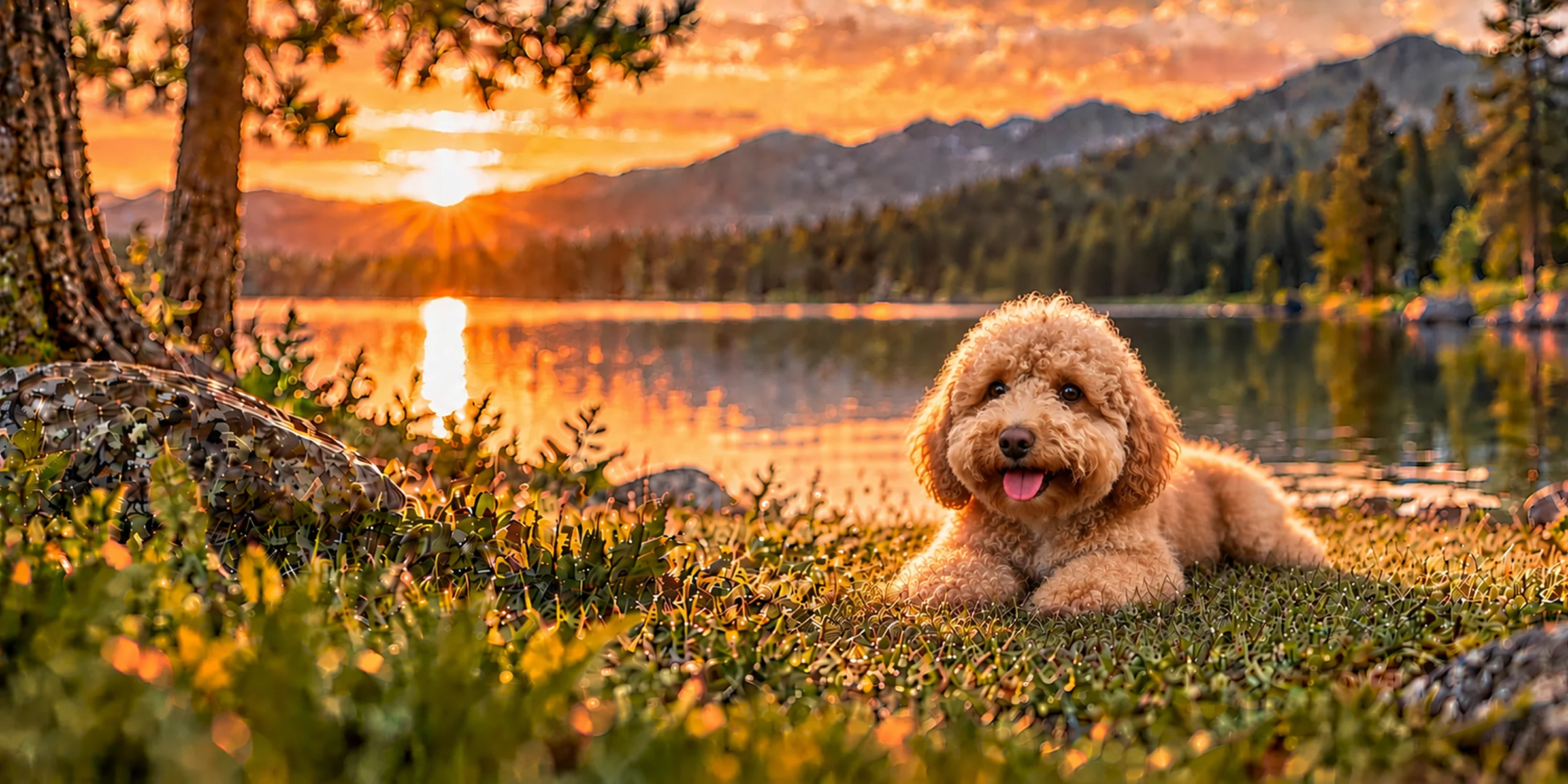 An apricot Havapoo with a curly coat lying beside a mountain lake at sunset