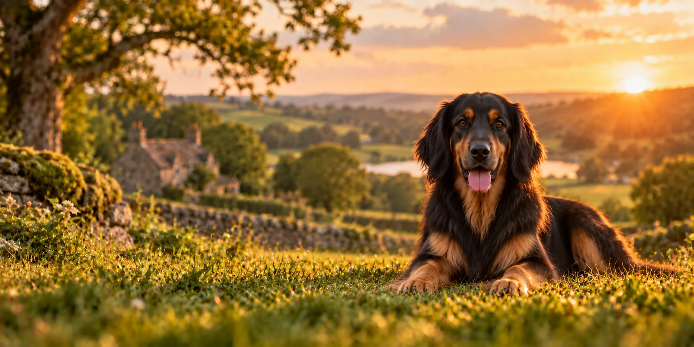 A black and gold Hovawart lying on a hillside above English farmland at sunset