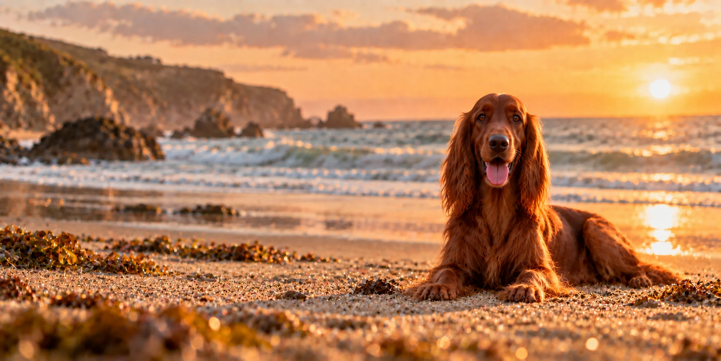 A mahogany Irish Setter lying on a beach at sunset