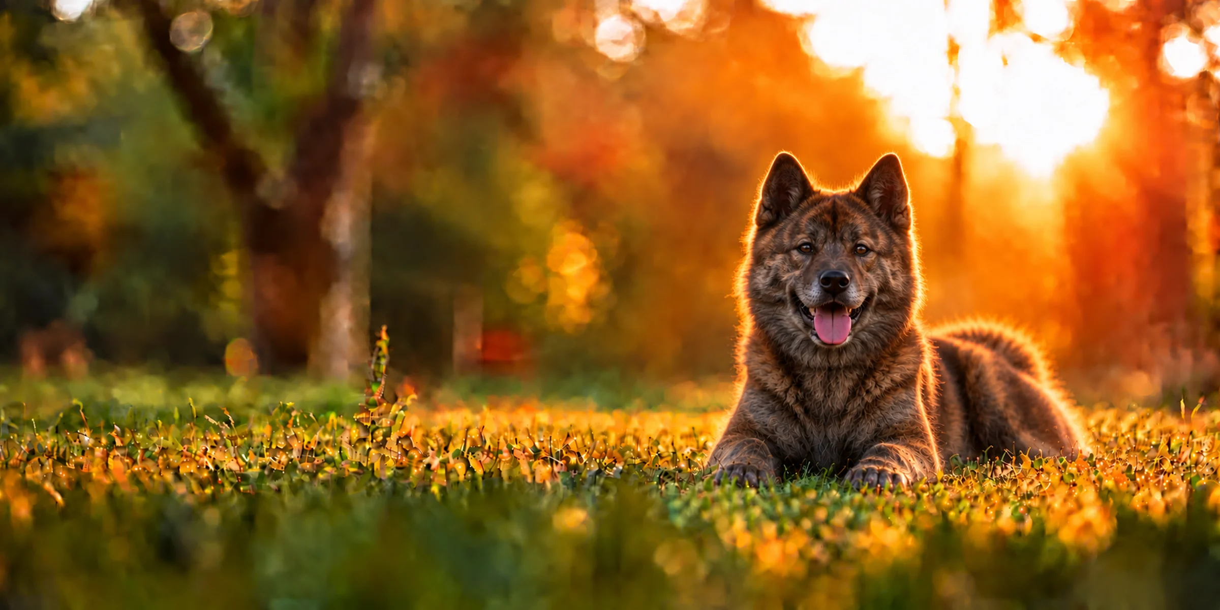 A brindle Kai Ken lying in park grass, backlit by a low sun