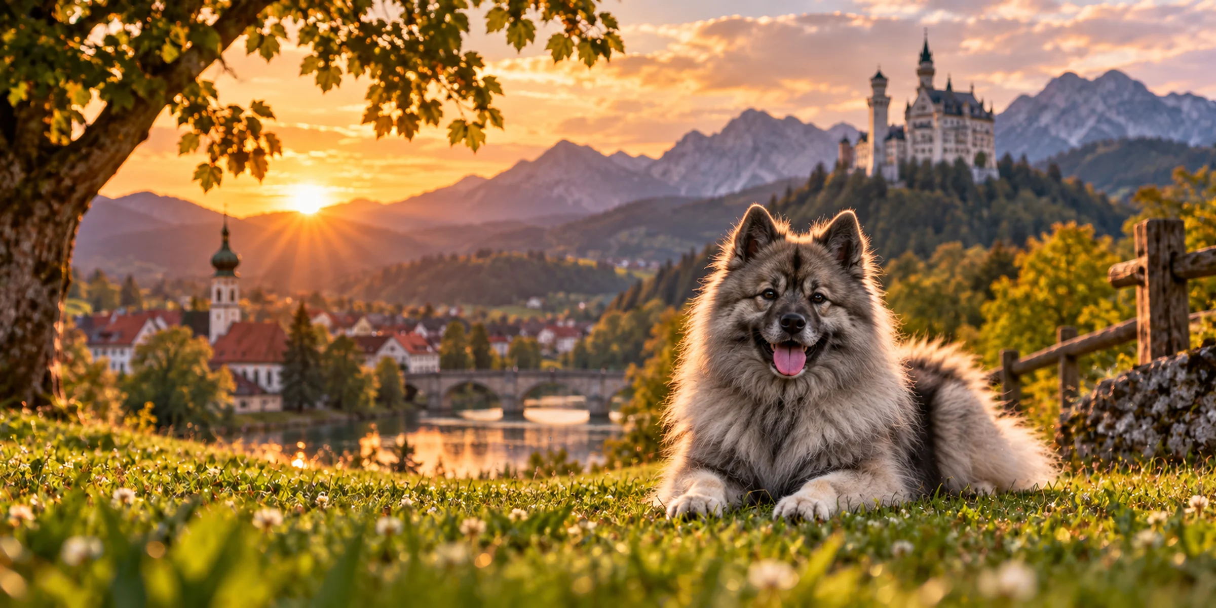 A gray Keeshond with a thick ruff lying on a hillside above a Bavarian town and castle