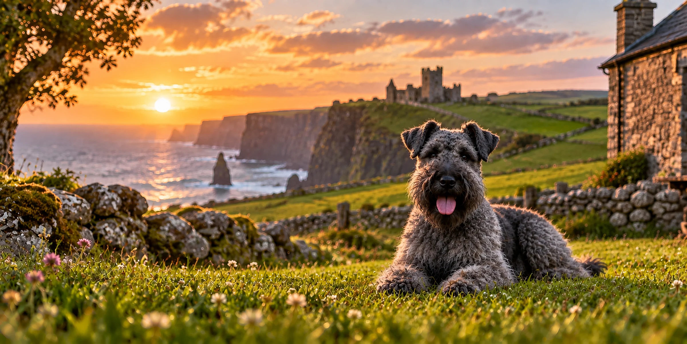 A blue-gray Kerry Blue Terrier lying on a clifftop above the Irish coast at sunset