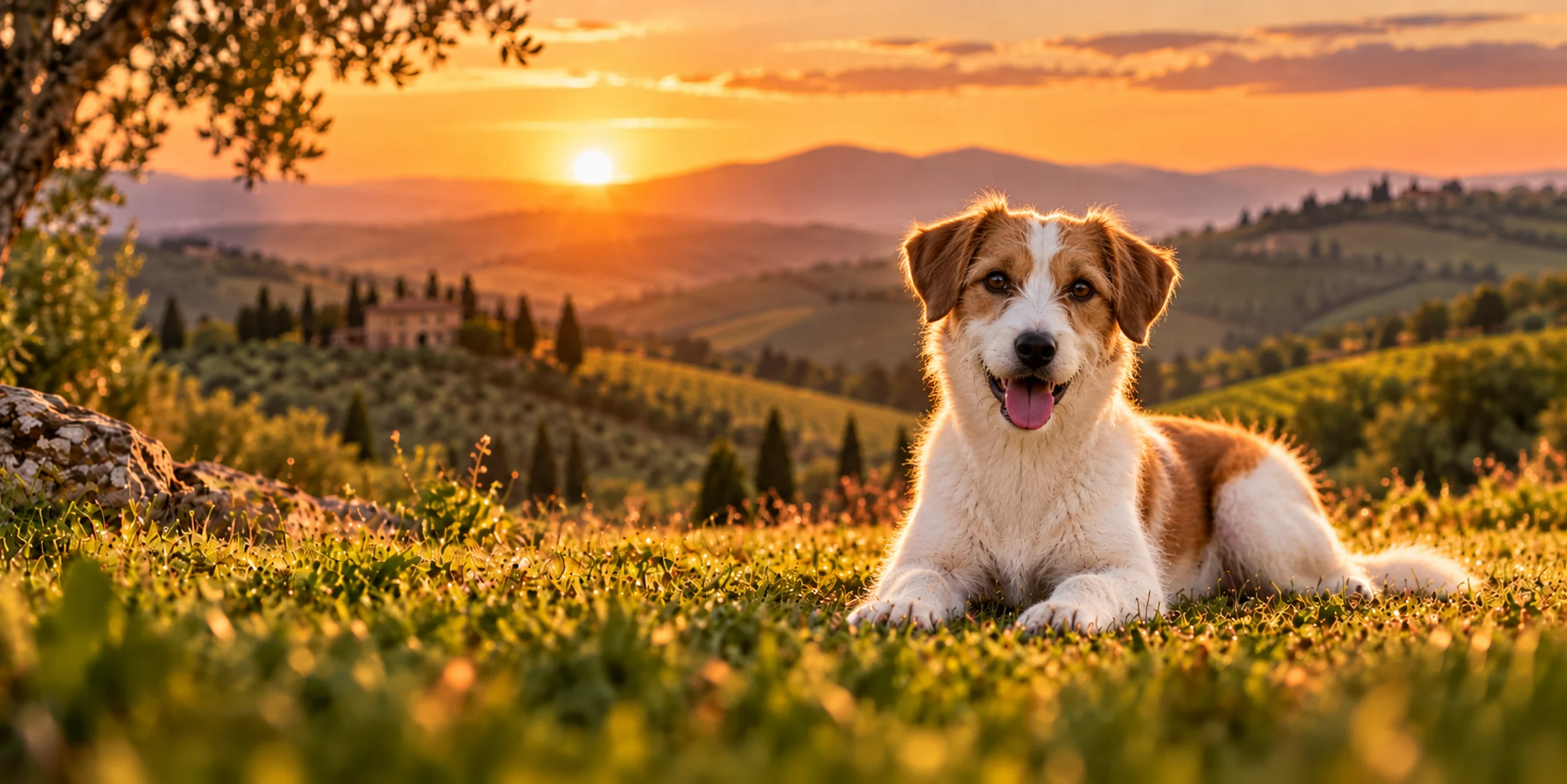 A white and tan Kromfohrlander lying on a hillside above rolling country at sunset