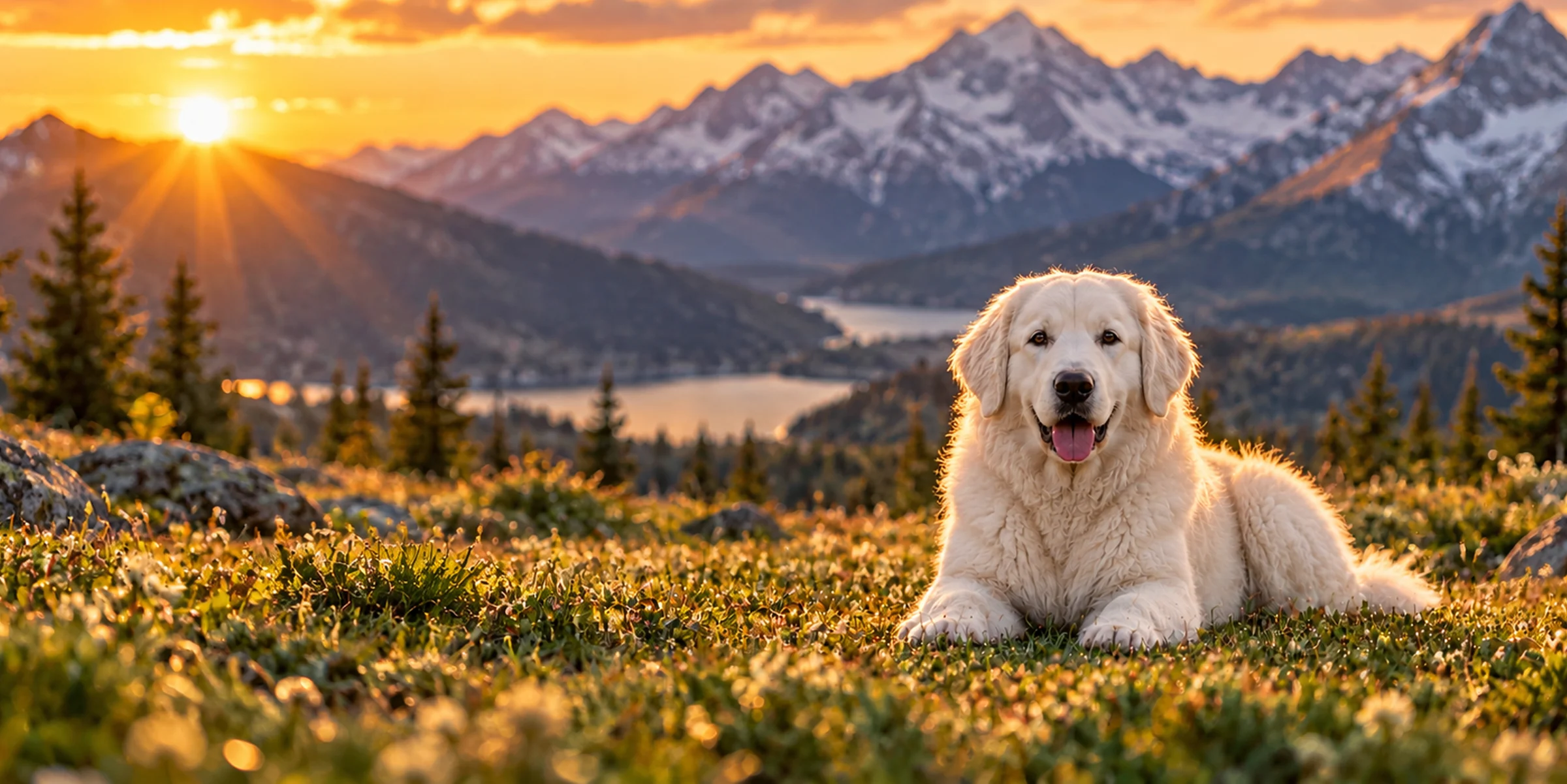 A white Kuvasz lying on a mountain ridge above a lake at sunset