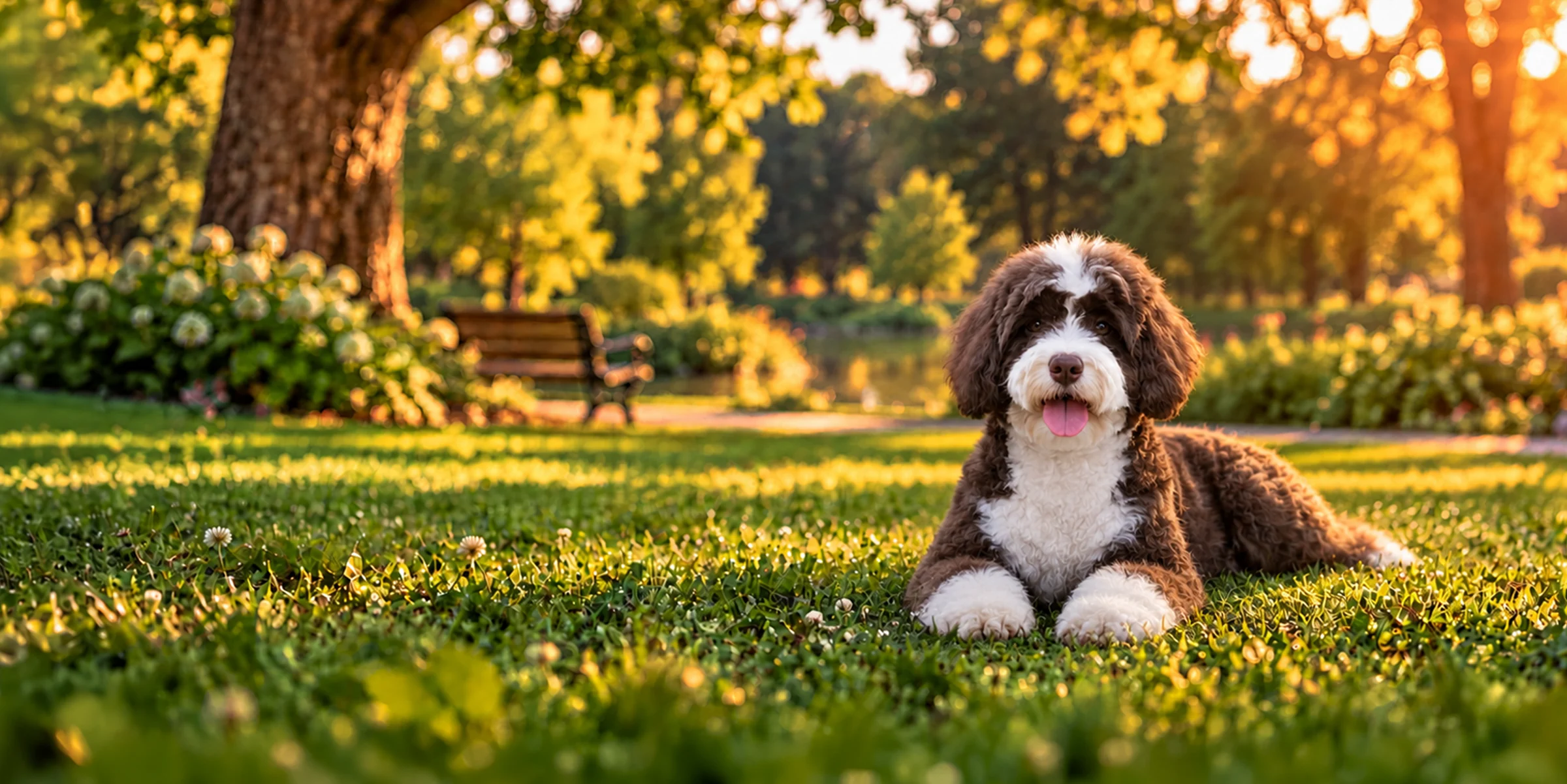 A black and white Labradoodle with a wavy coat lying on a park lawn at sunset