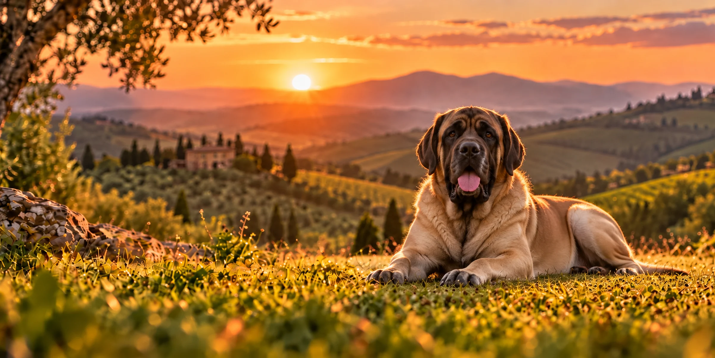 A fawn Mastiff with a black mask lying on a hillside above rolling country at sunset