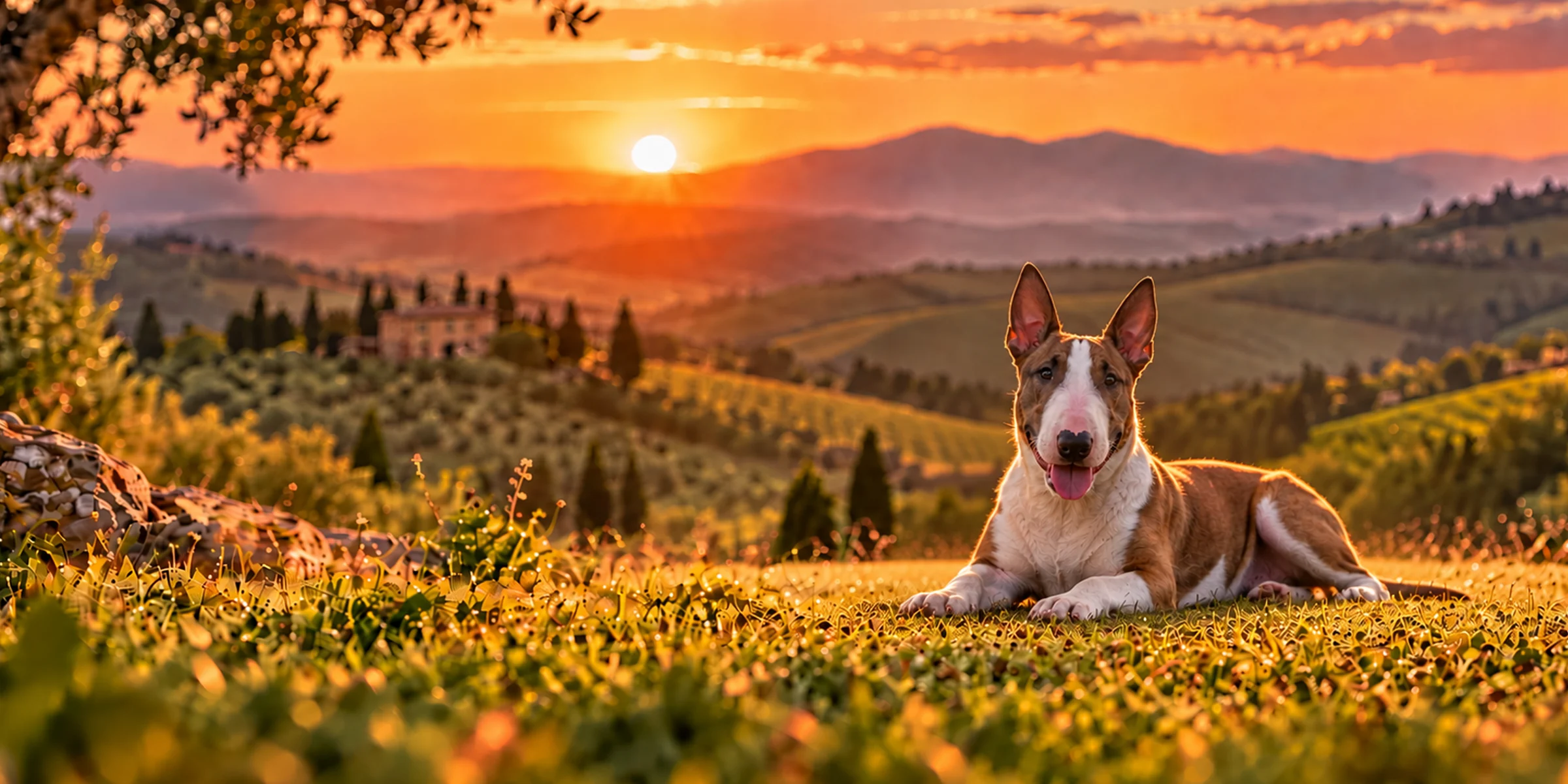 A white and red Miniature Bull Terrier lying on a hillside above rolling country at sunset
