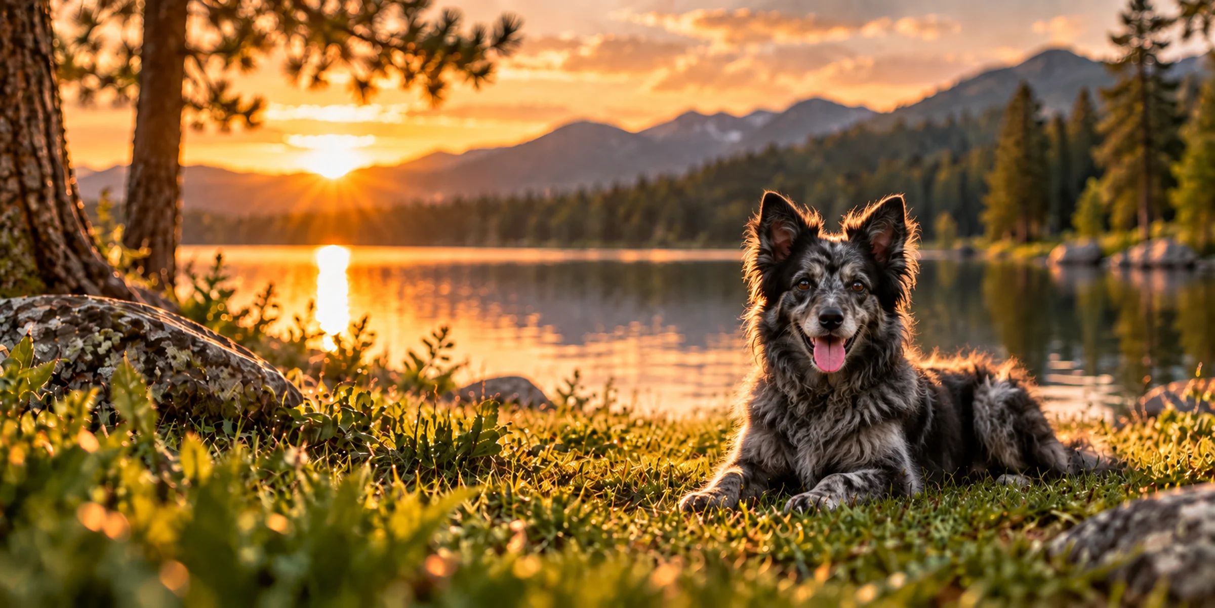 A black merle Mudi lying beside a mountain lake at sunset