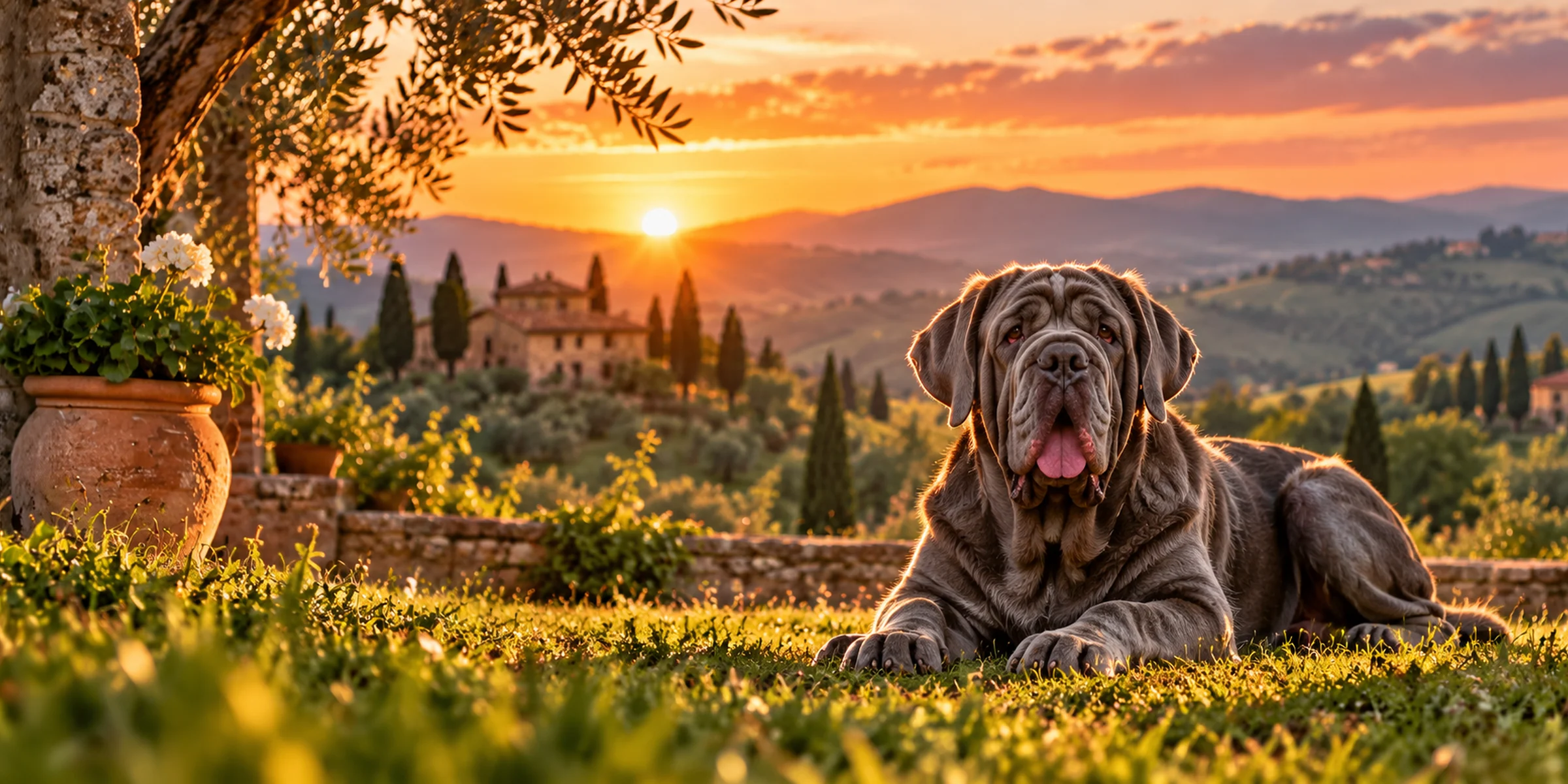 A gray Neapolitan Mastiff with heavy folds lying on a terrace above Tuscan hills at sunset