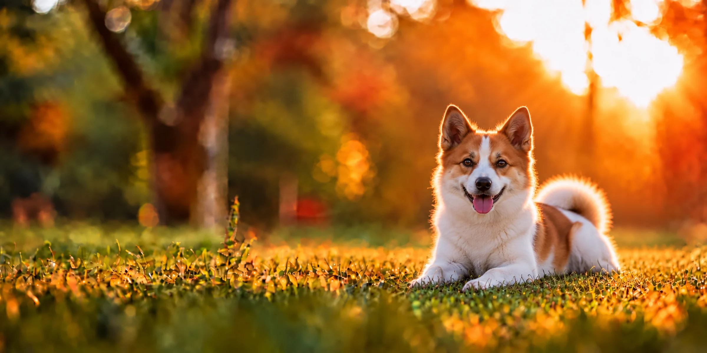 A white and red Norrbottenspets lying in park grass, backlit by a low sun