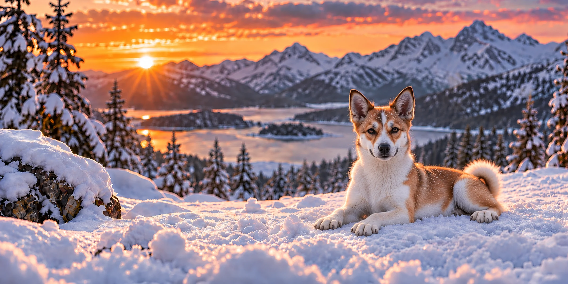 A red and white Norwegian Lundehund lying in snow above a mountain valley at sunset