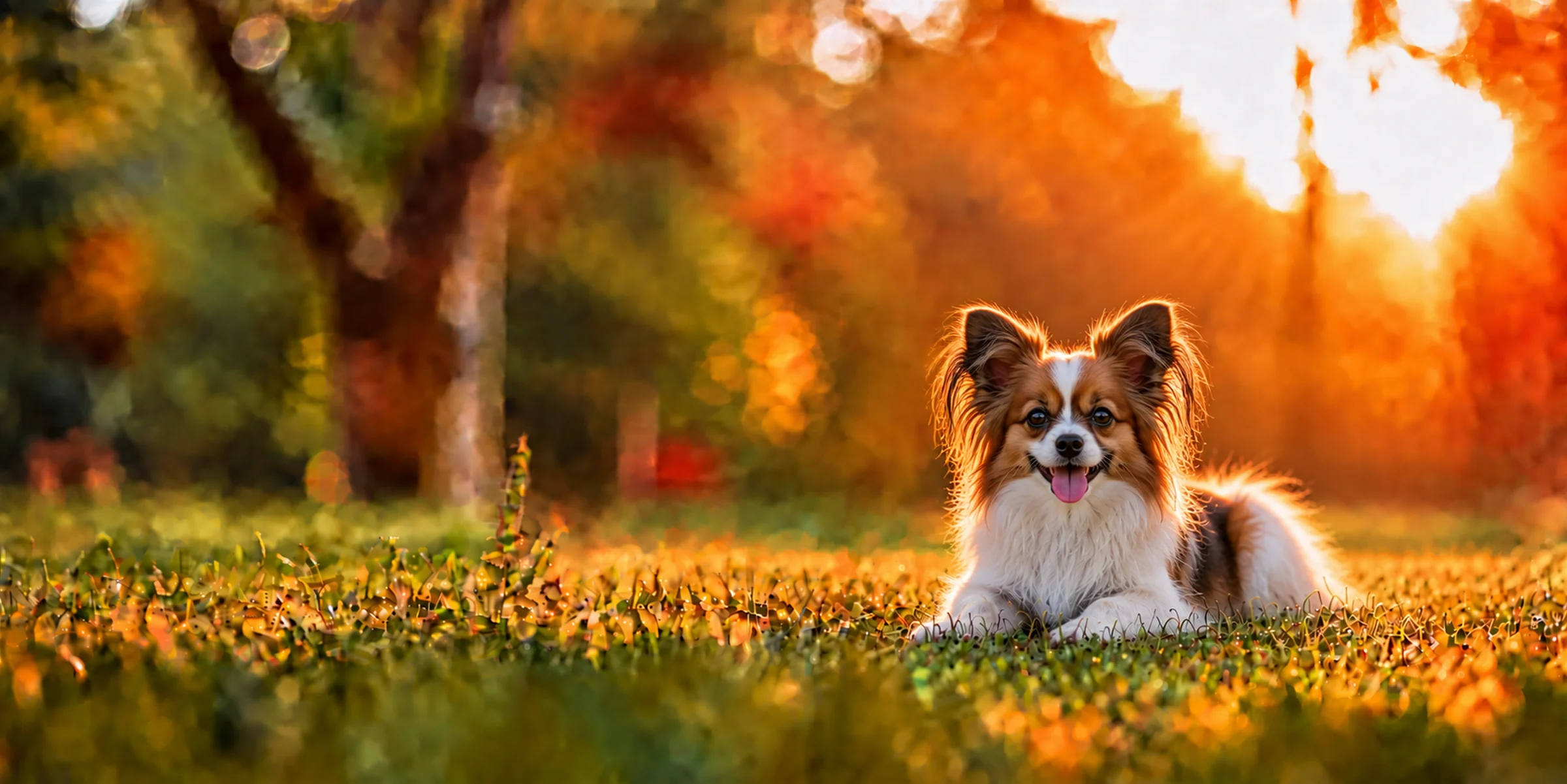 A white and sable Papillon with fringed butterfly ears lying in park grass at sunset