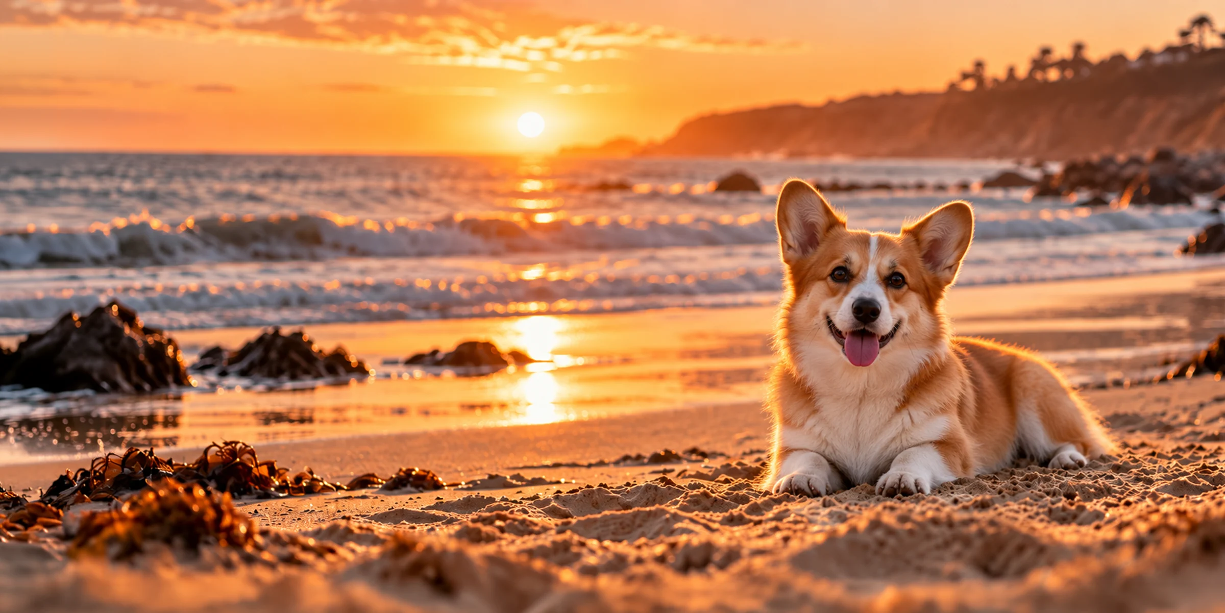 A red and white Pembroke Welsh Corgi lying on a beach at sunset