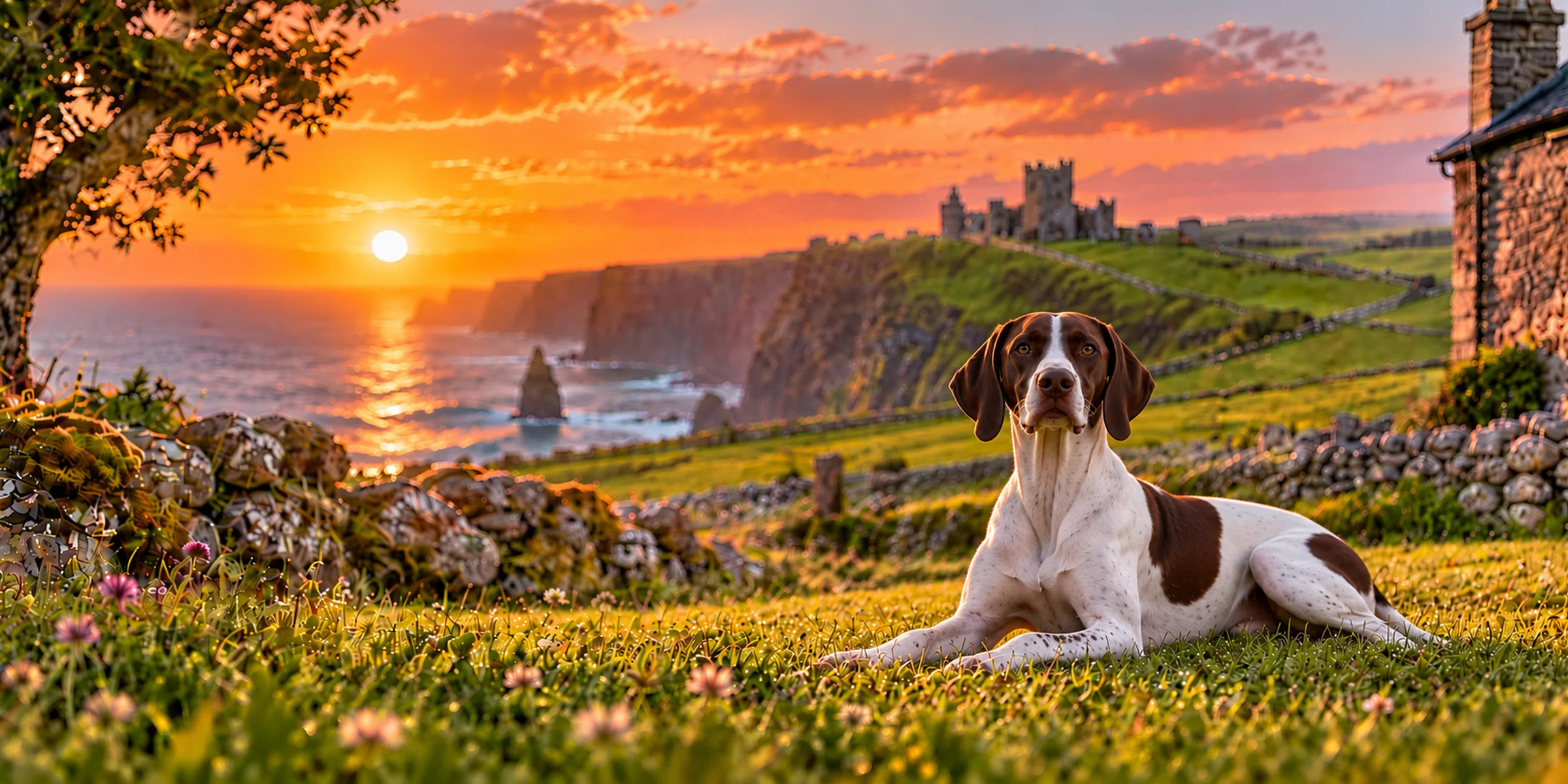 A liver and white Pointer lying on a clifftop above the sea at sunset