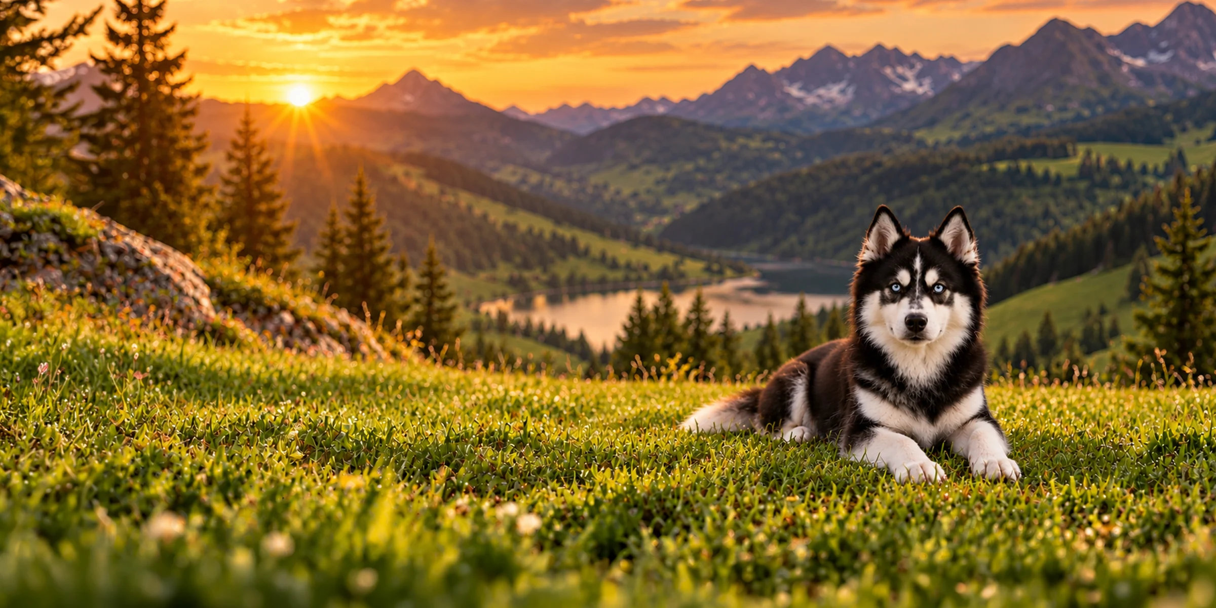 A black and white Pomsky lying on a mountain hillside above a valley at sunset