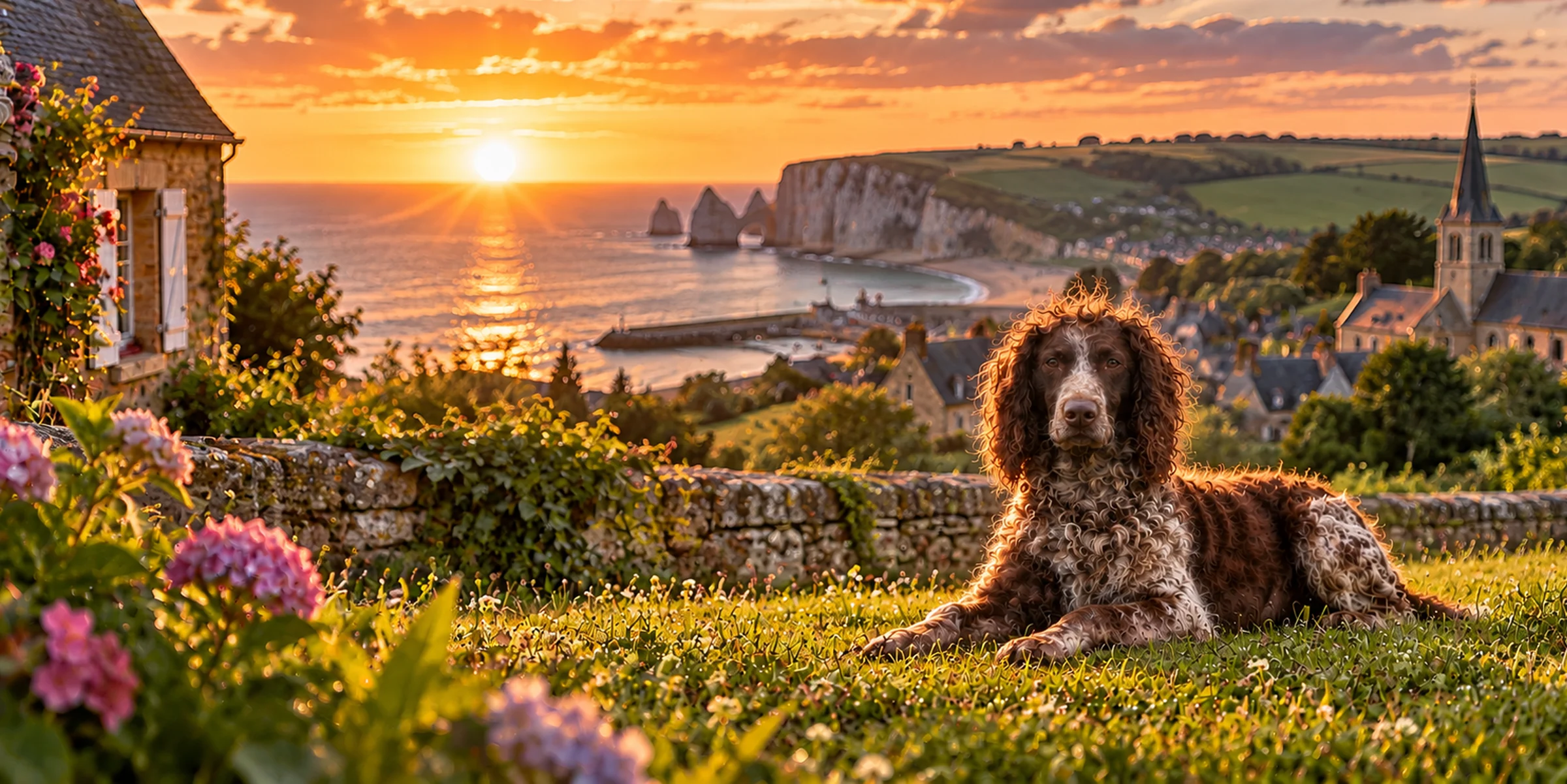 A brown roan Pont-Audemer Spaniel with a curly topknot lying above a Normandy harbor at sunset