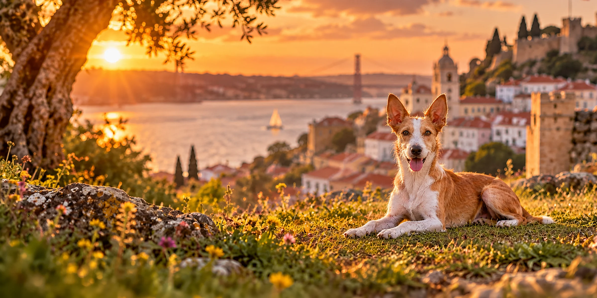 A tan and white Portuguese Podengo with pricked ears lying on a hillside above Lisbon at sunset