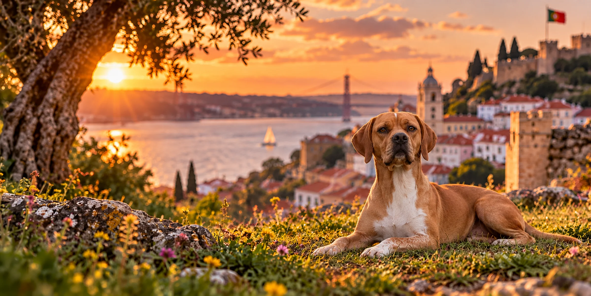 A fawn Portuguese Pointer lying on a hillside above Lisbon at sunset